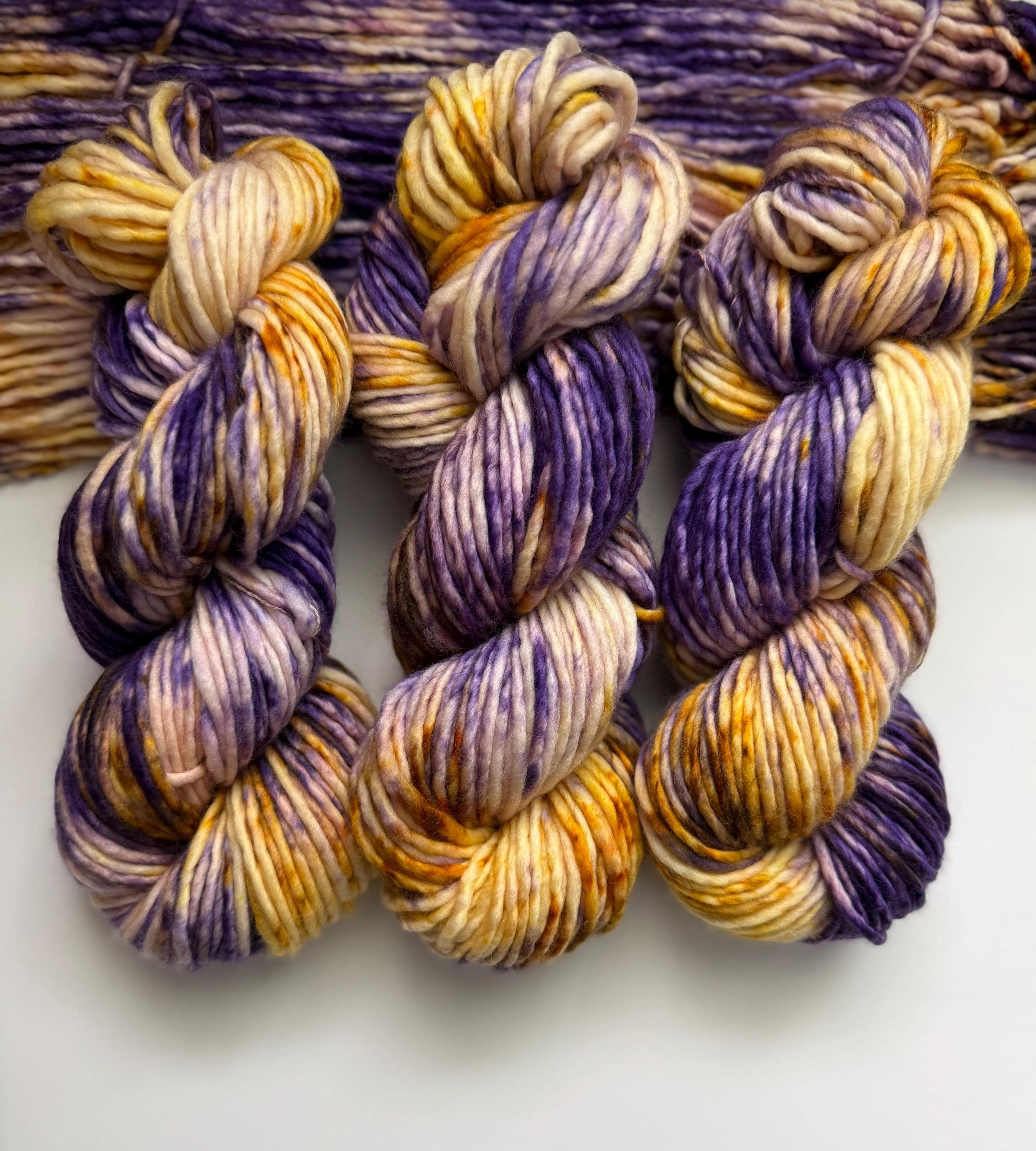 Royalty bulky hand dyed bulky merino wool, 109 yard, 5 weight, speckled, semi solid, gold purple natural, indie dye, superwash