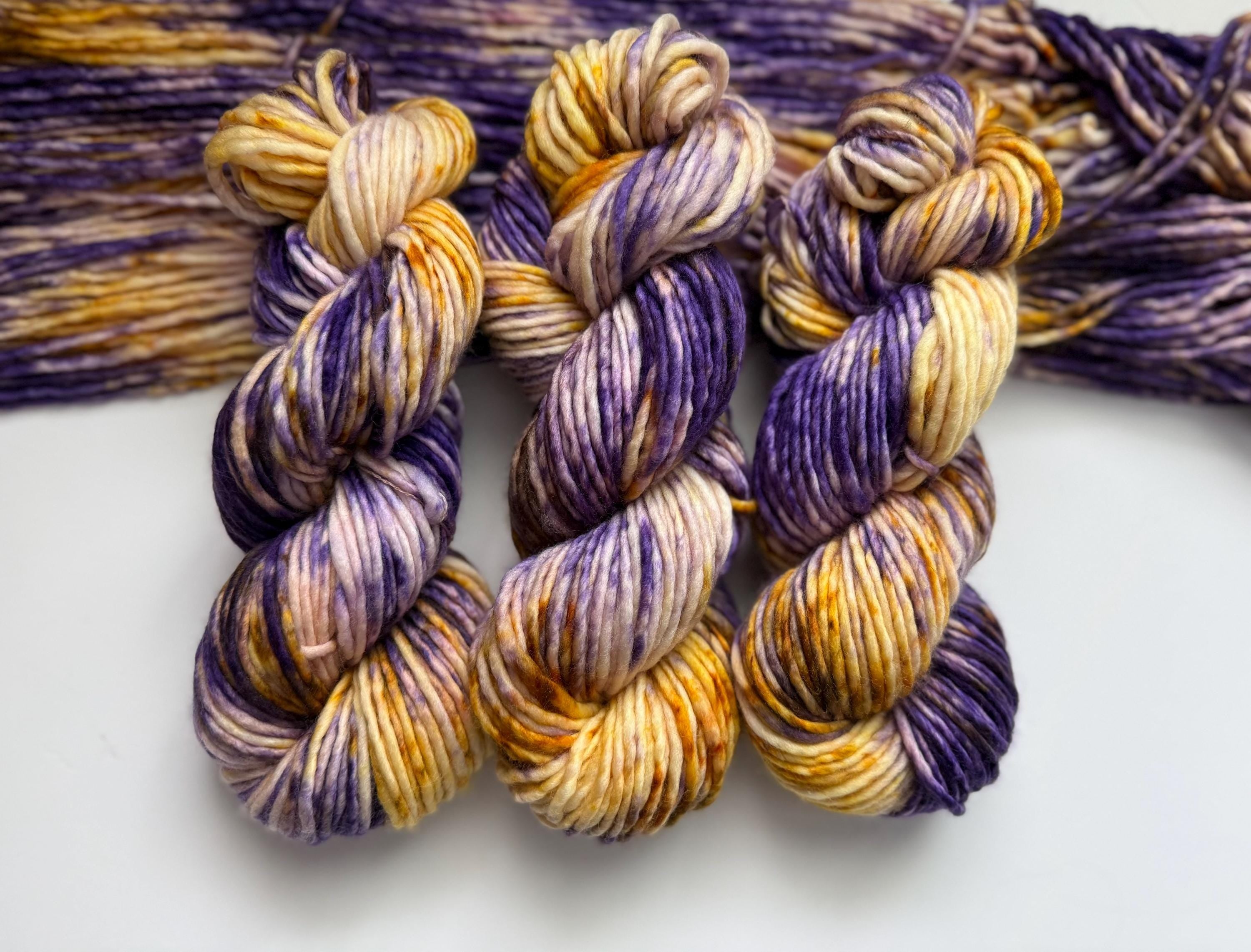 Royalty bulky hand dyed bulky merino wool, 109 yard, 5 weight, speckled, semi solid, gold purple natural, indie dye, superwash