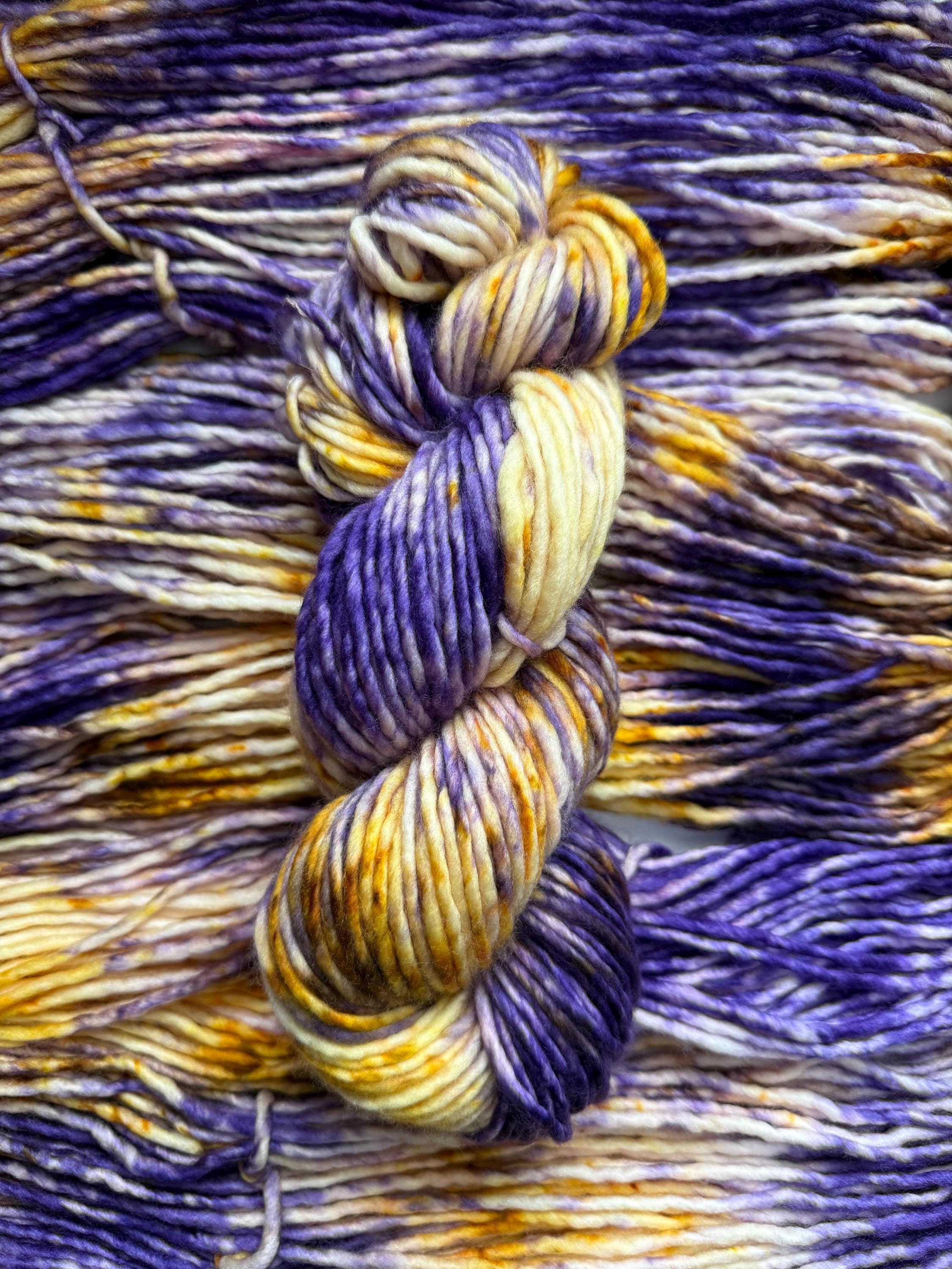 Royalty bulky hand dyed bulky merino wool, 109 yard, 5 weight, speckled, semi solid, gold purple natural, indie dye, superwash
