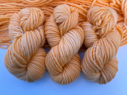 Apricot cream hand dyed super bulky merino wool, size 6, 98 yards, semi solid, indie dye, superwash