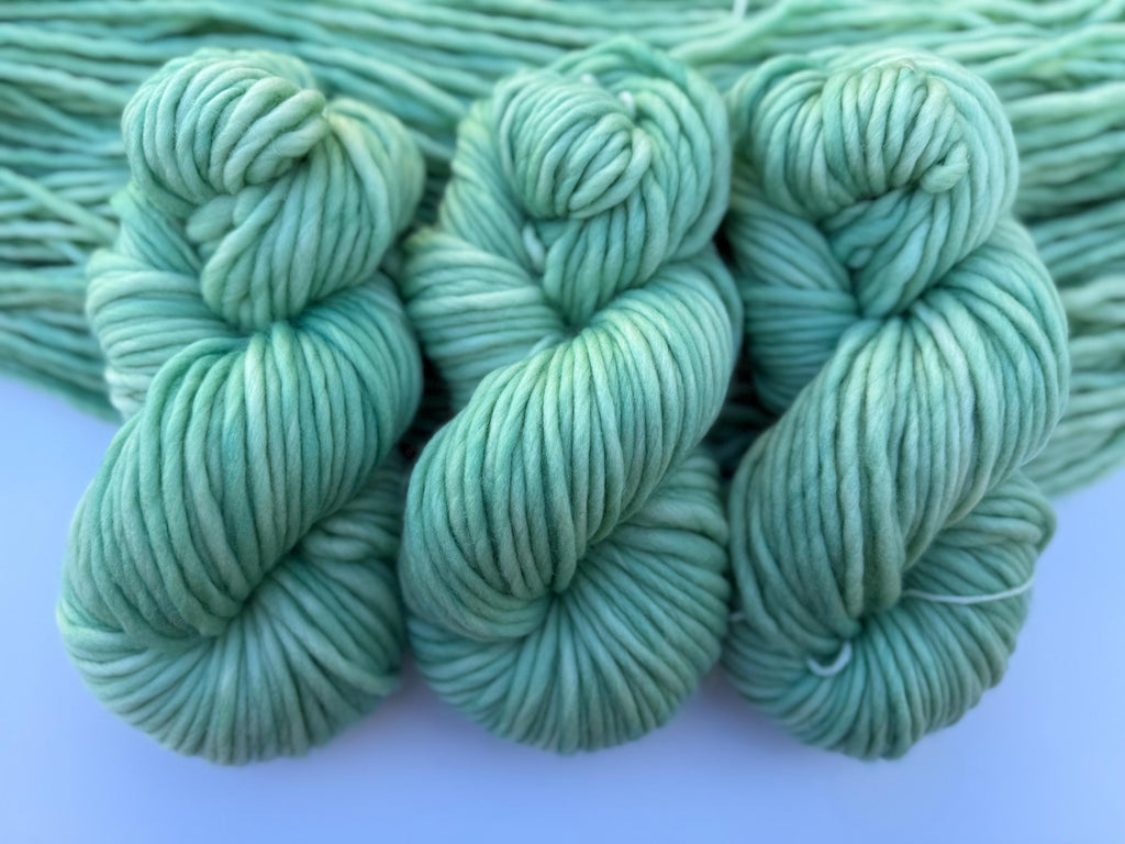 Pressed sage hand dyed super bulky merino wool, size 6, 98 yards, semi solid, indie dye, superwash