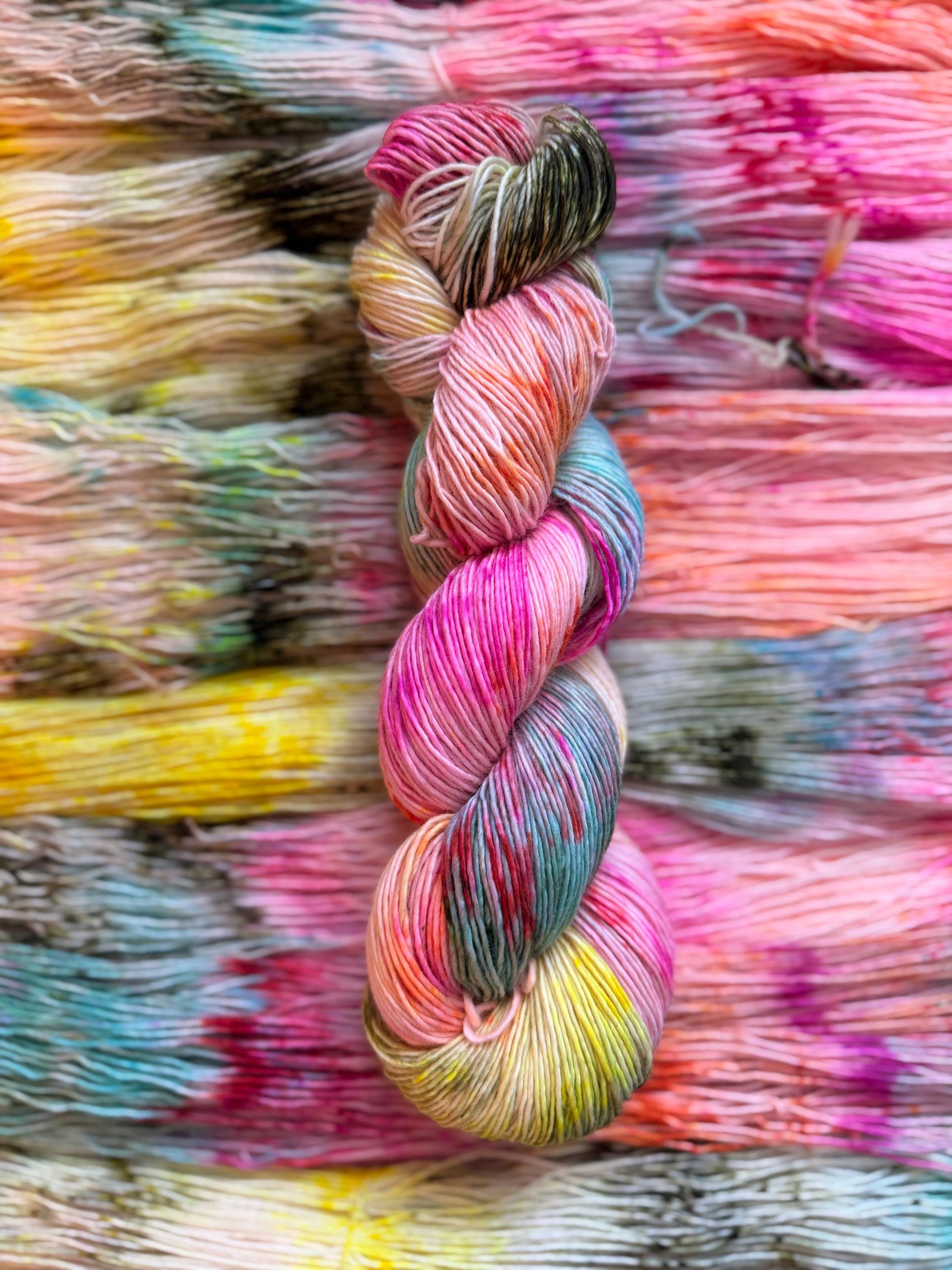 Cheer hand dyed (sock/fingering) merino wool, superwash yarn, green purple pink, hank of yarn , for knit crochet