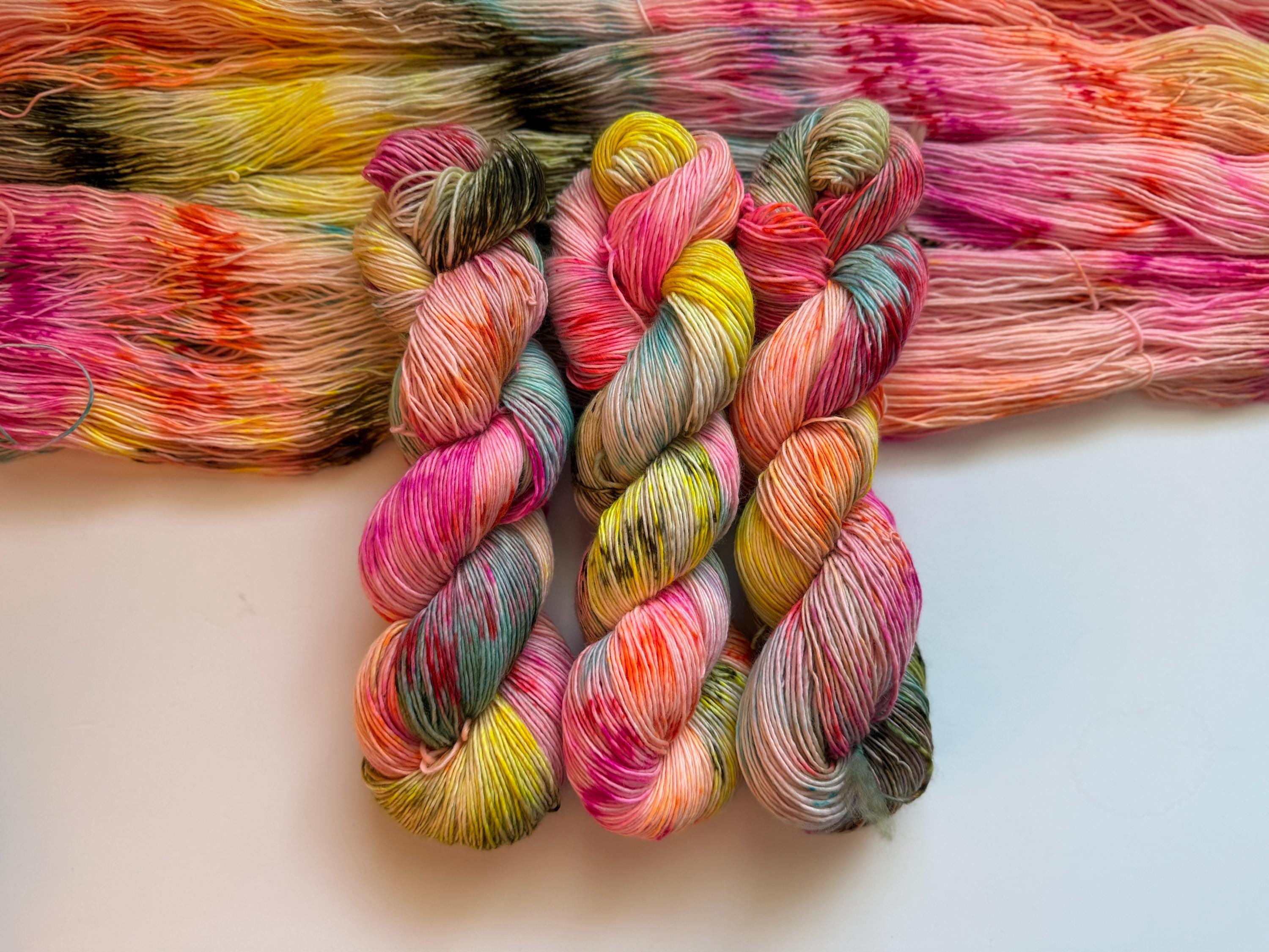 Cheer hand dyed (sock/fingering) merino wool, superwash yarn, green purple pink, hank of yarn , for knit crochet