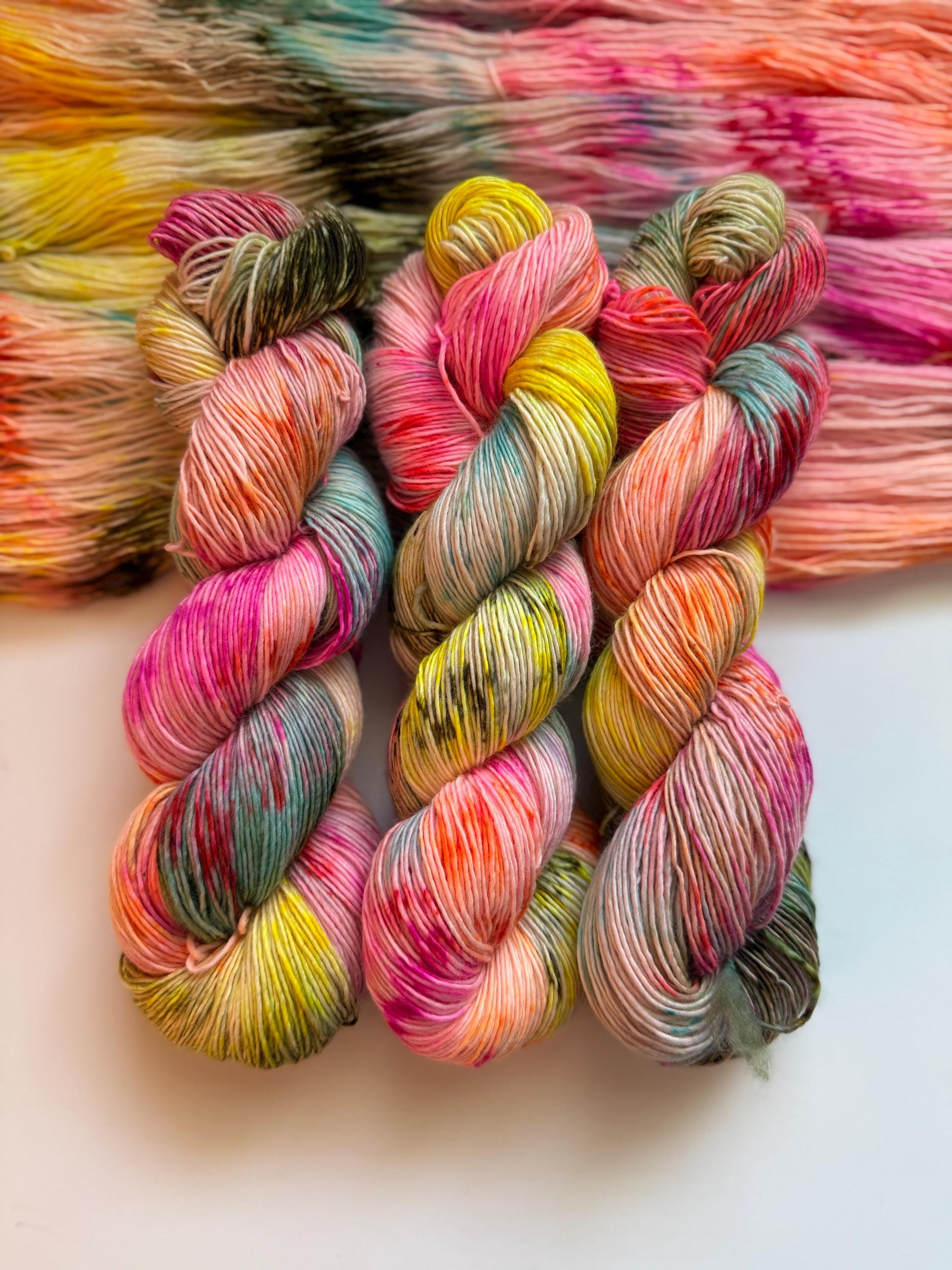 Cheer hand dyed (sock/fingering) merino wool, superwash yarn, green purple pink, hank of yarn , for knit crochet