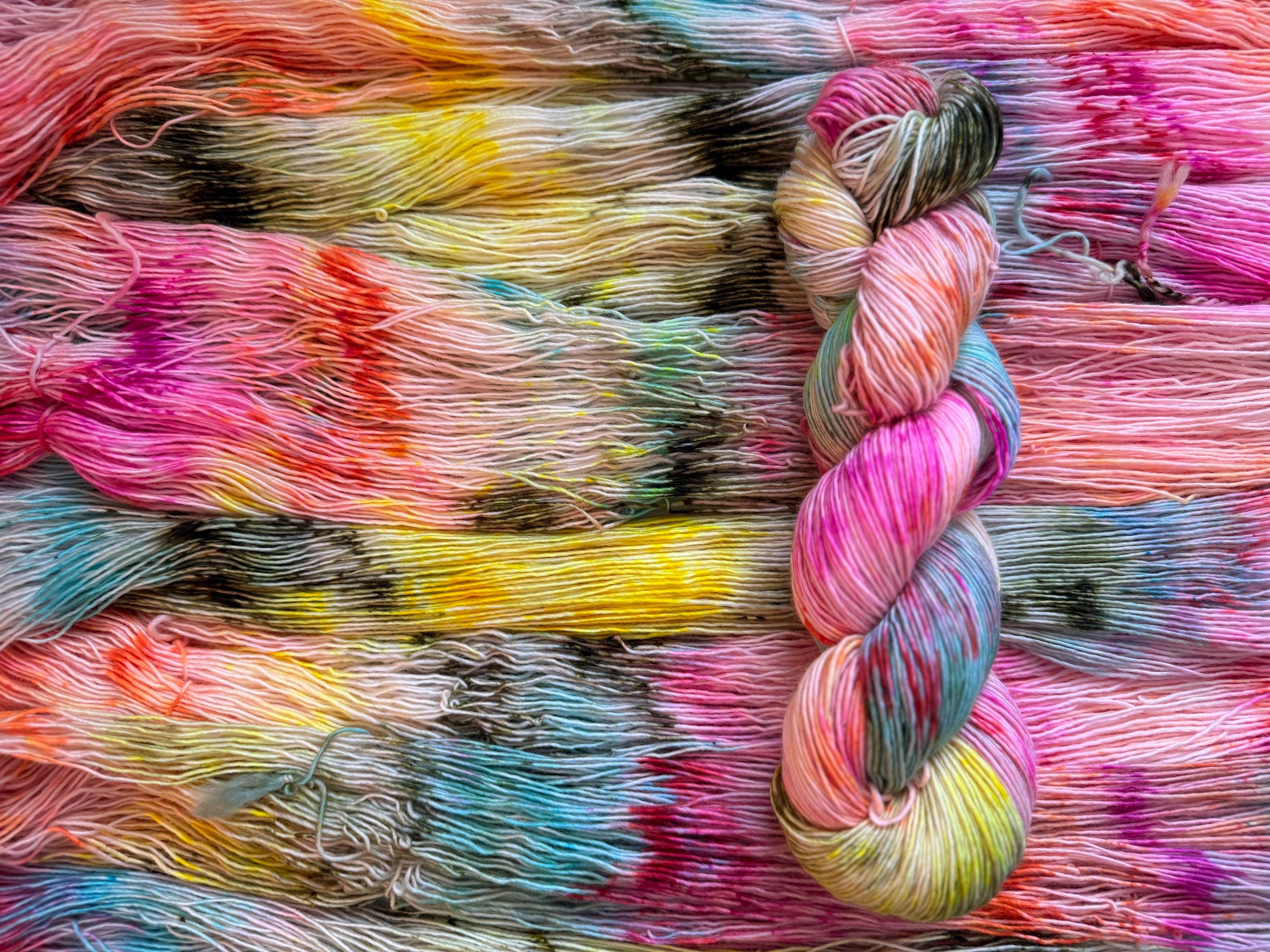 Cheer hand dyed (sock/fingering) merino wool, superwash yarn, green purple pink, hank of yarn , for knit crochet