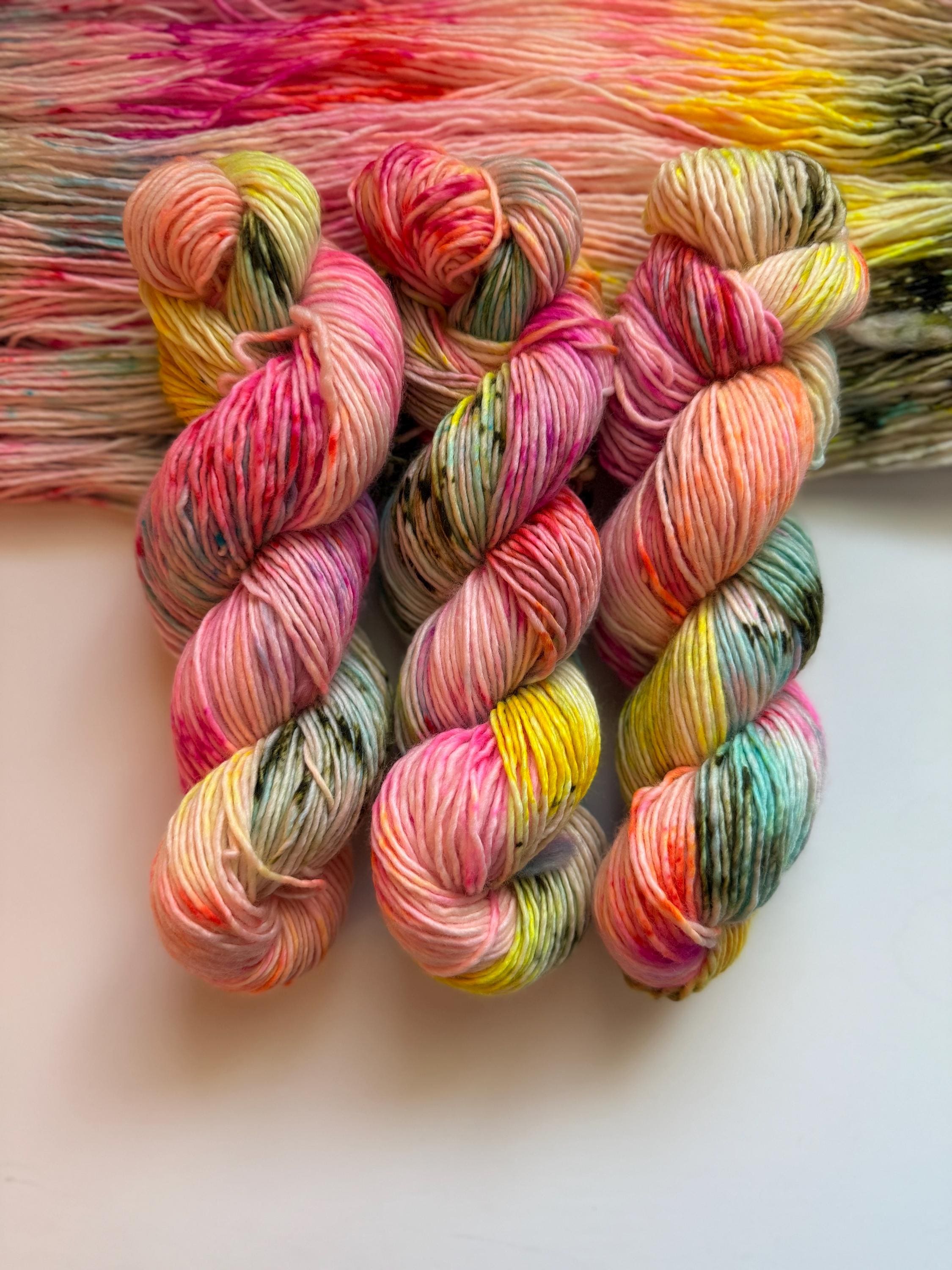 Cheer hand dyed (worsted/aran) merino wool, superwash yarn, blue pink yellow, hank of yarn , for knit crochet