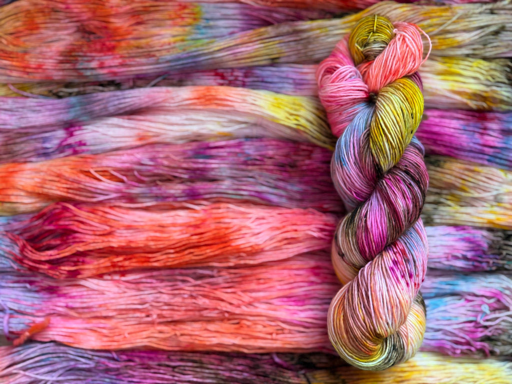Disco hand dyed (sock/fingering) merino wool, superwash yarn, green purple pink, hank of yarn , for knit crochet