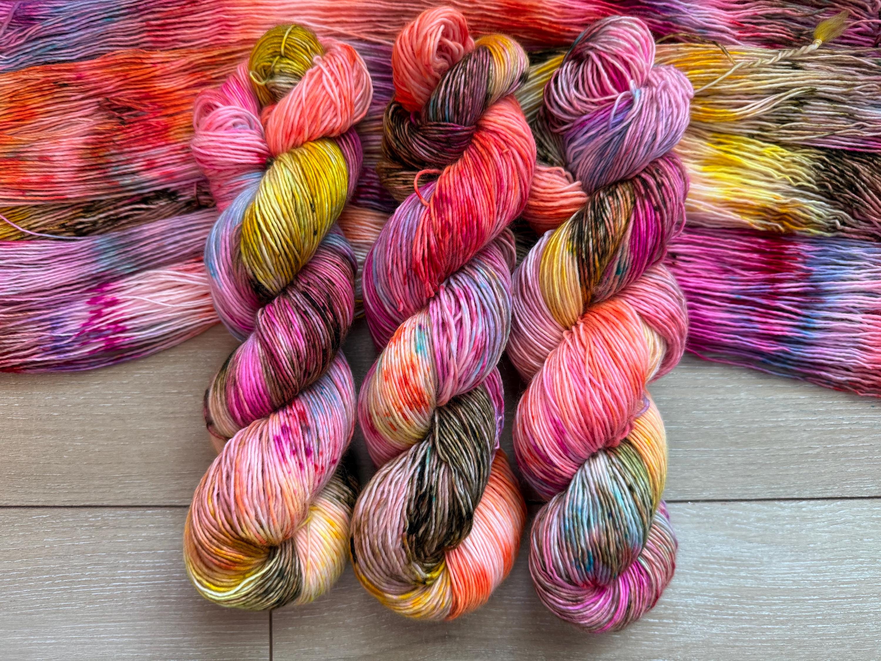 Disco hand dyed (sock/fingering) merino wool, superwash yarn, green purple pink, hank of yarn , for knit crochet