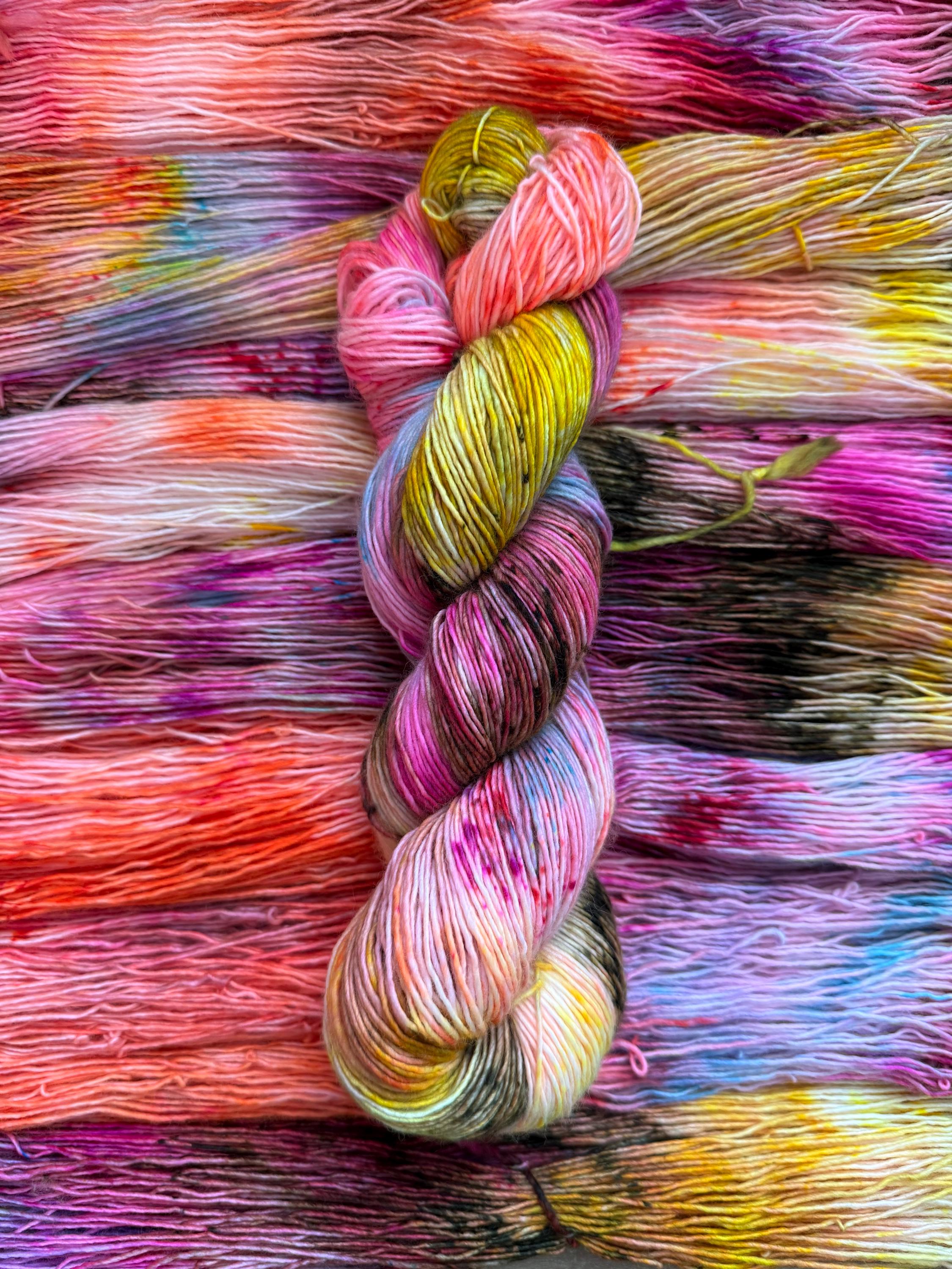 Disco hand dyed (sock/fingering) merino wool, superwash yarn, green purple pink, hank of yarn , for knit crochet