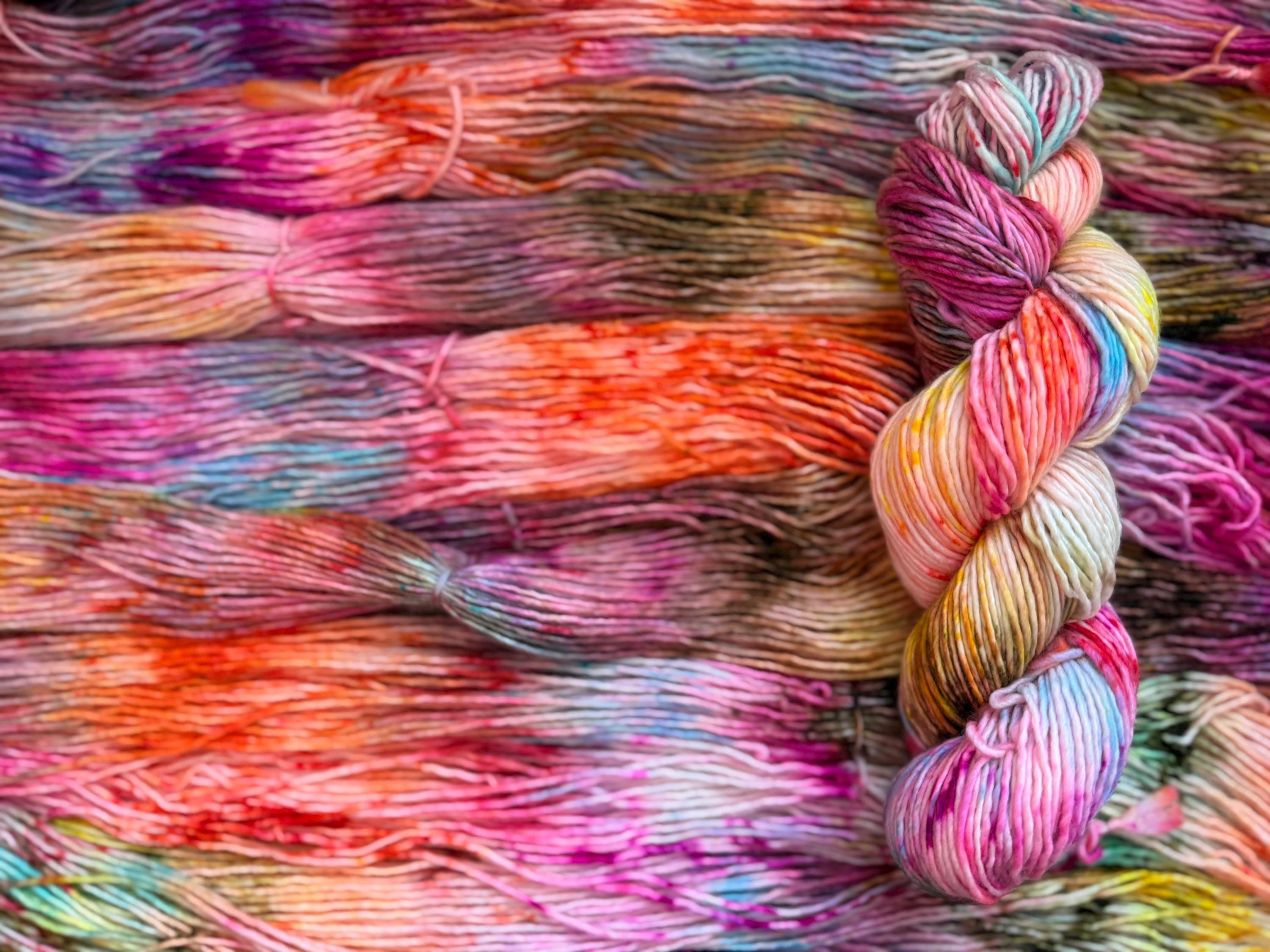 Disco hand dyed (worsted/aran) merino wool, superwash yarn, blue pink yellow, hank of yarn , for knit crochet