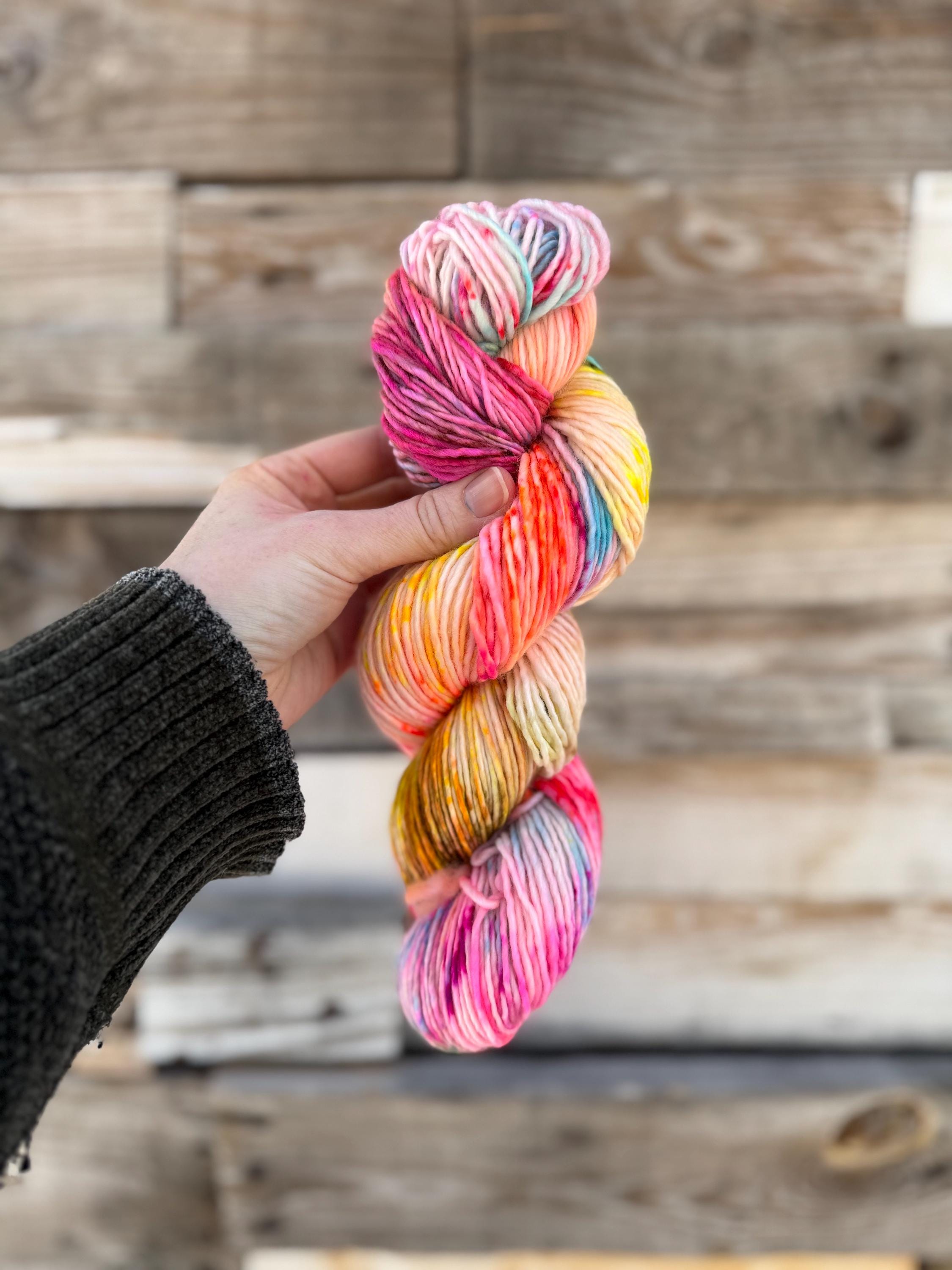 Disco hand dyed (worsted/aran) merino wool, superwash yarn, blue pink yellow, hank of yarn , for knit crochet