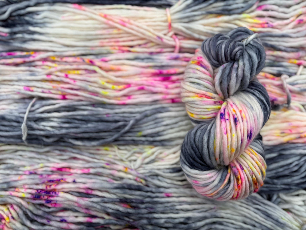 Neon smoke and dyed super bulky merino wool, size 6 pink yellow grey purple speckled, solid, multicolor, indie dye, superwash