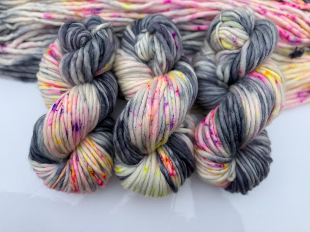 Neon smoke and dyed super bulky merino wool, size 6 pink yellow grey purple speckled, solid, multicolor, indie dye, superwash