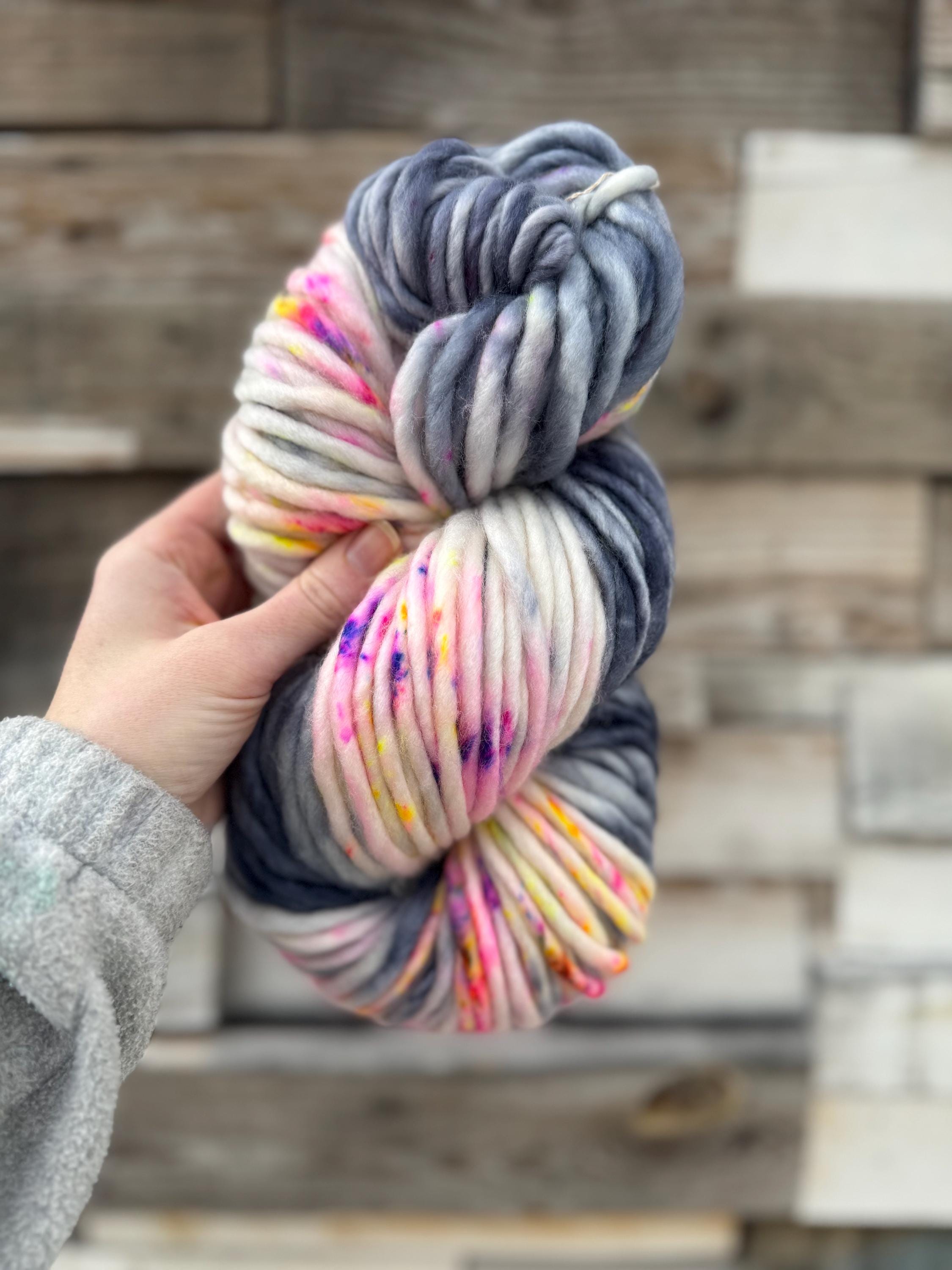 Neon smoke and dyed super bulky merino wool, size 6 pink yellow grey purple speckled, solid, multicolor, indie dye, superwash