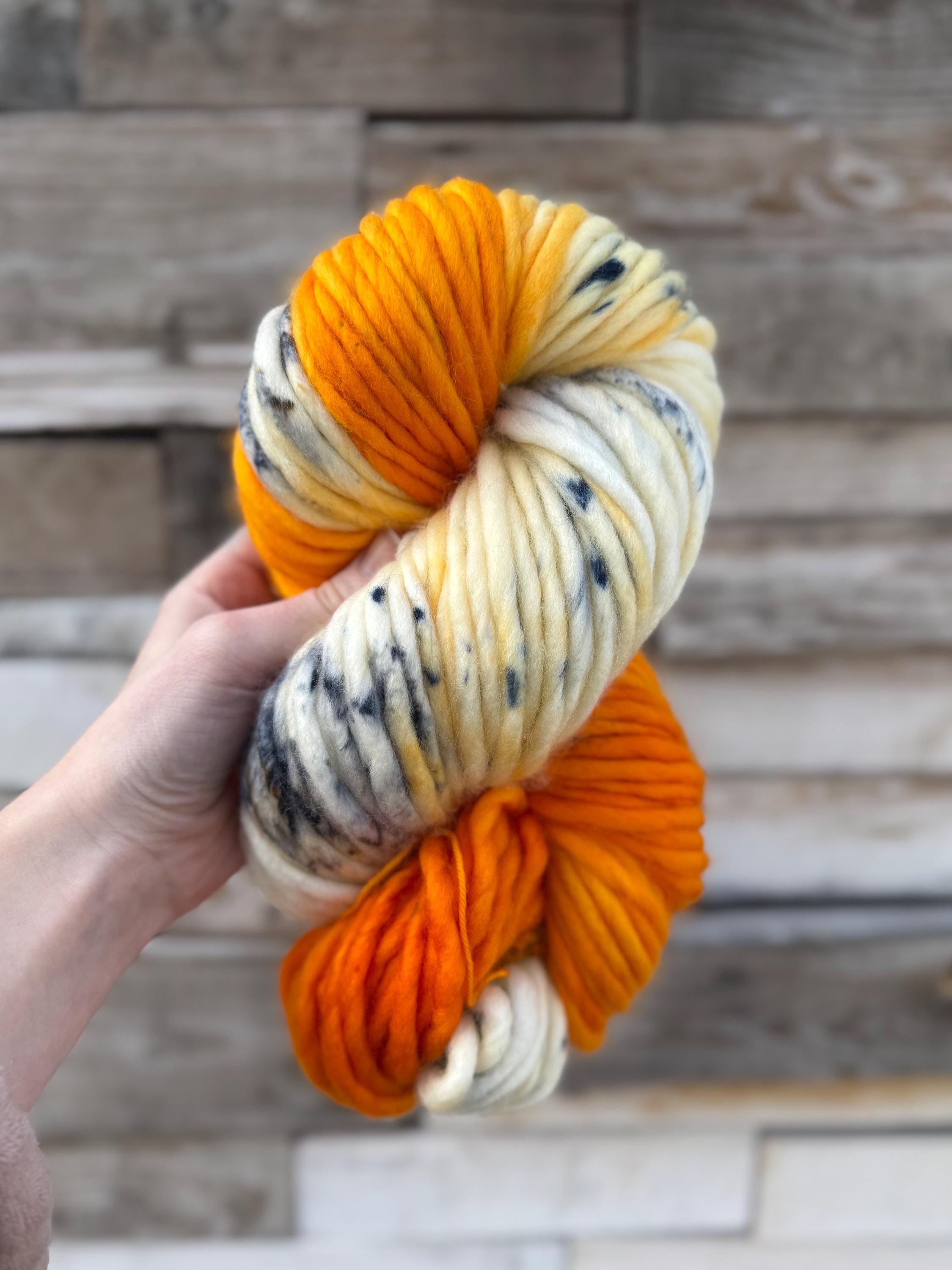 Electric ember hand dyed super bulky merino wool, size 6, 98 yards, natural, orange, speckled, solid, multicolor indie dye superwash
