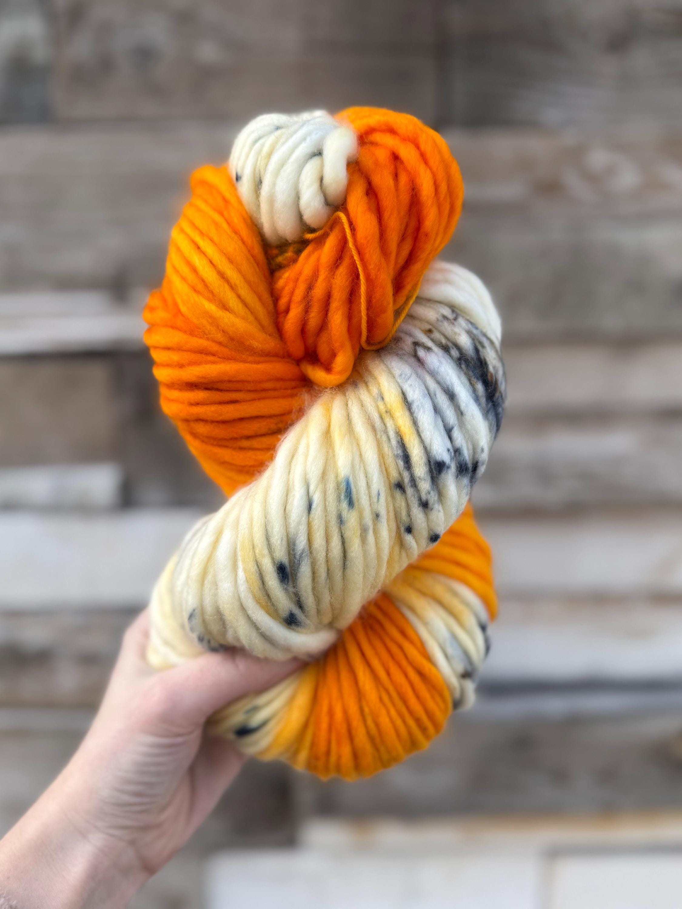 Electric ember hand dyed super bulky merino wool, size 6, 98 yards, natural, orange, speckled, solid, multicolor indie dye superwash