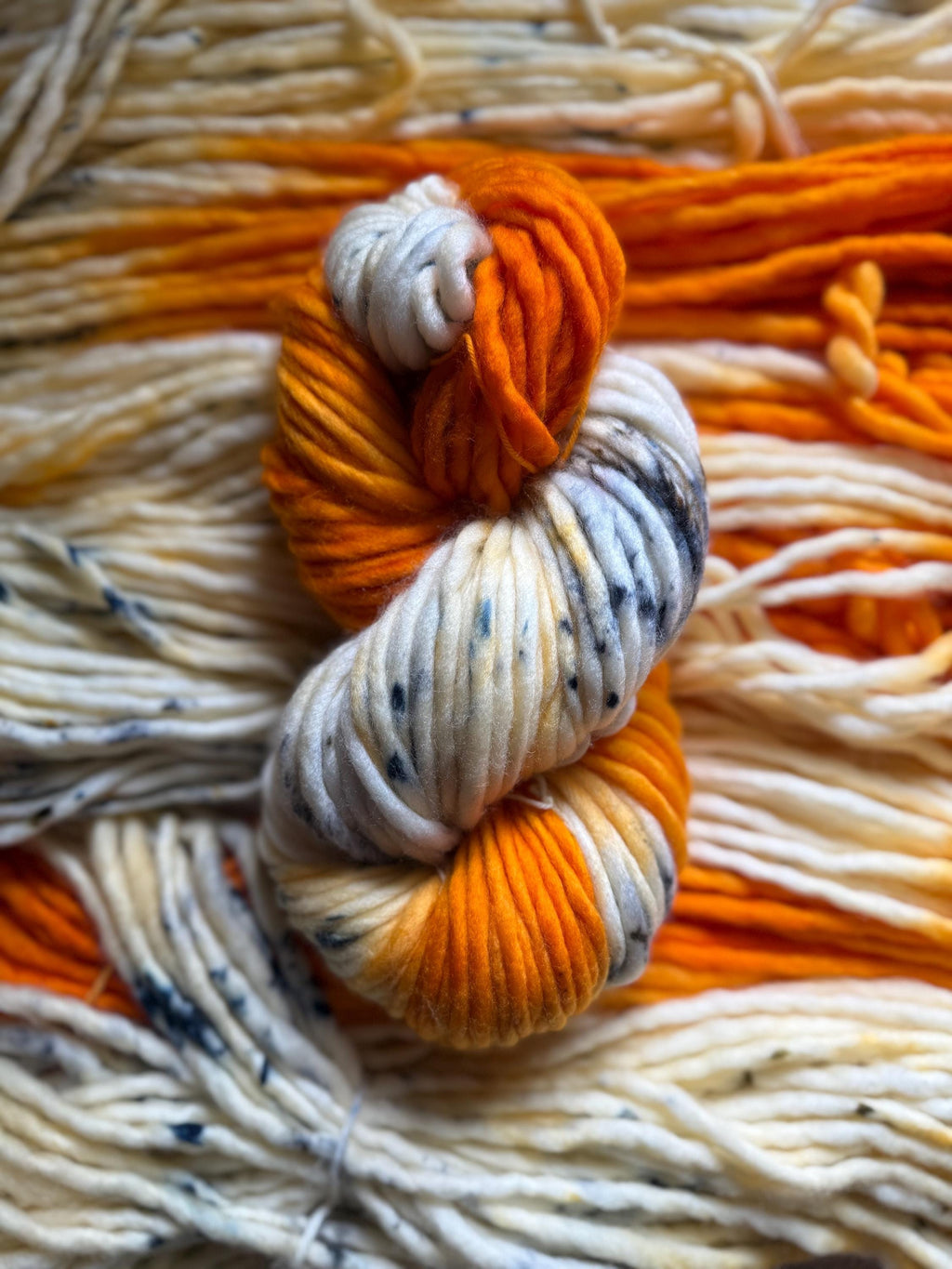 Electric ember hand dyed super bulky merino wool, size 6, 98 yards, natural, orange, speckled, solid, multicolor indie dye superwash