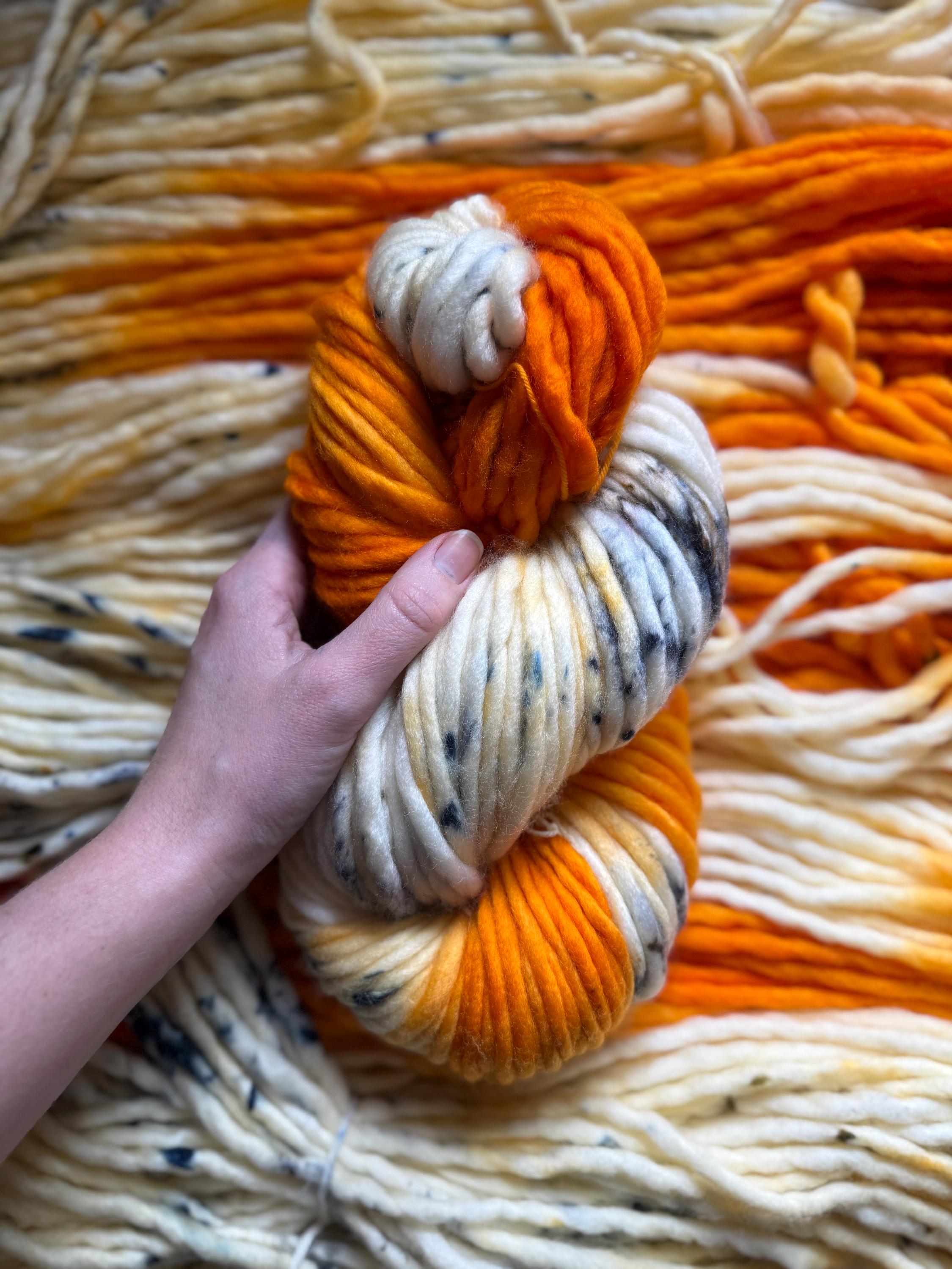 Electric ember hand dyed super bulky merino wool, size 6, 98 yards, natural, orange, speckled, solid, multicolor indie dye superwash
