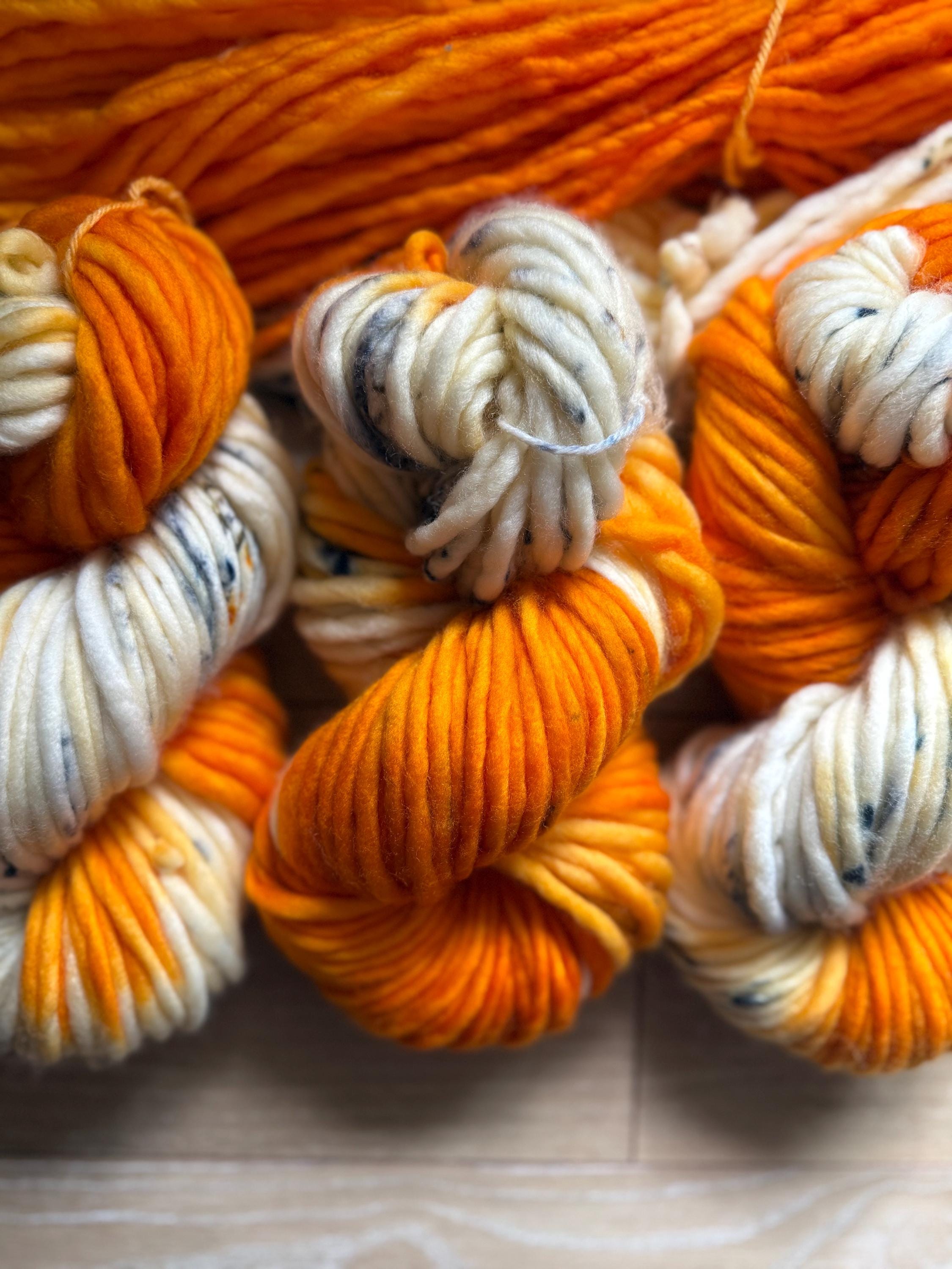 Electric ember hand dyed super bulky merino wool, size 6, 98 yards, natural, orange, speckled, solid, multicolor indie dye superwash