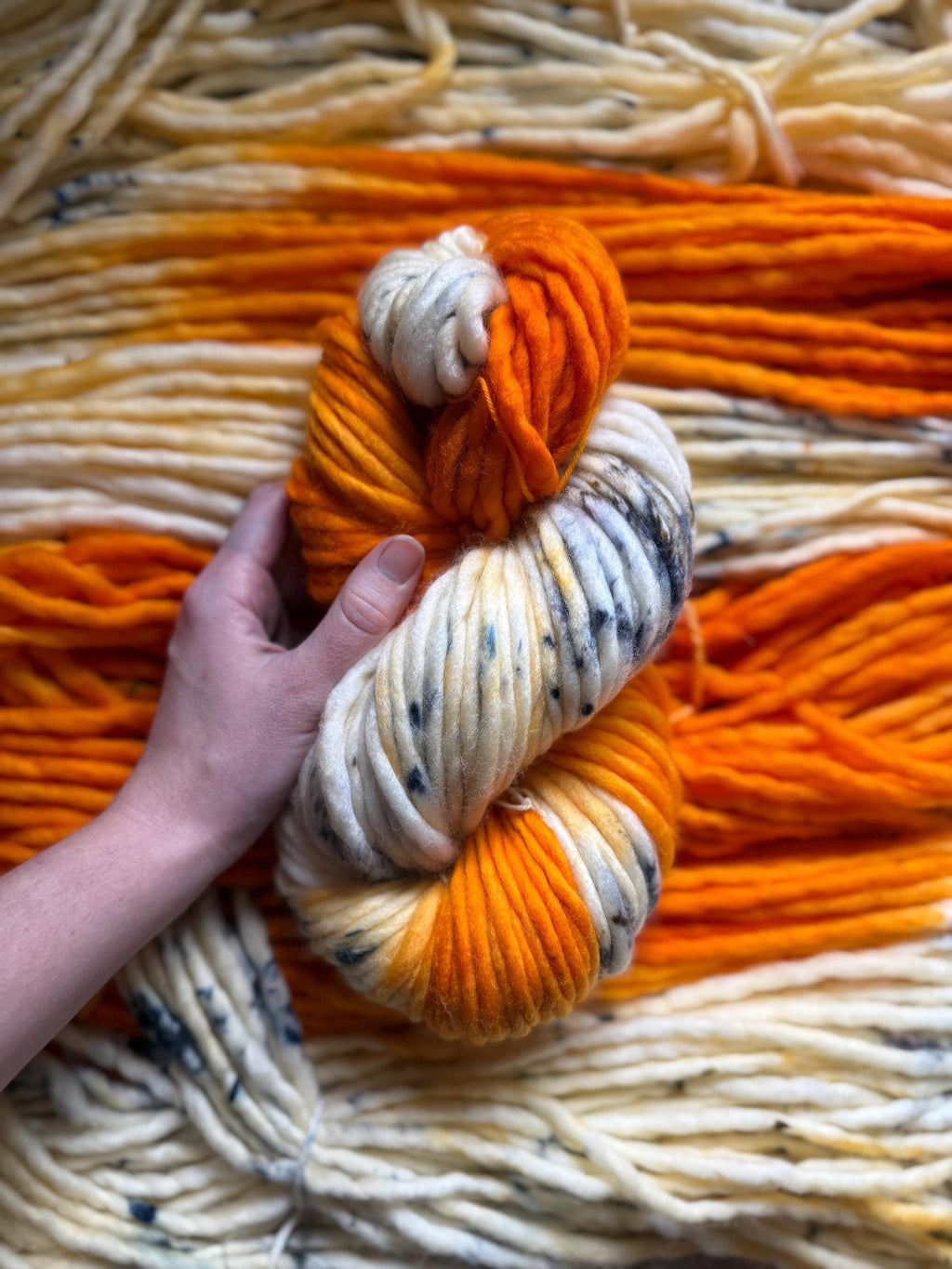 Electric ember hand dyed super bulky merino wool, size 6, 98 yards, natural, orange, speckled, solid, multicolor indie dye superwash