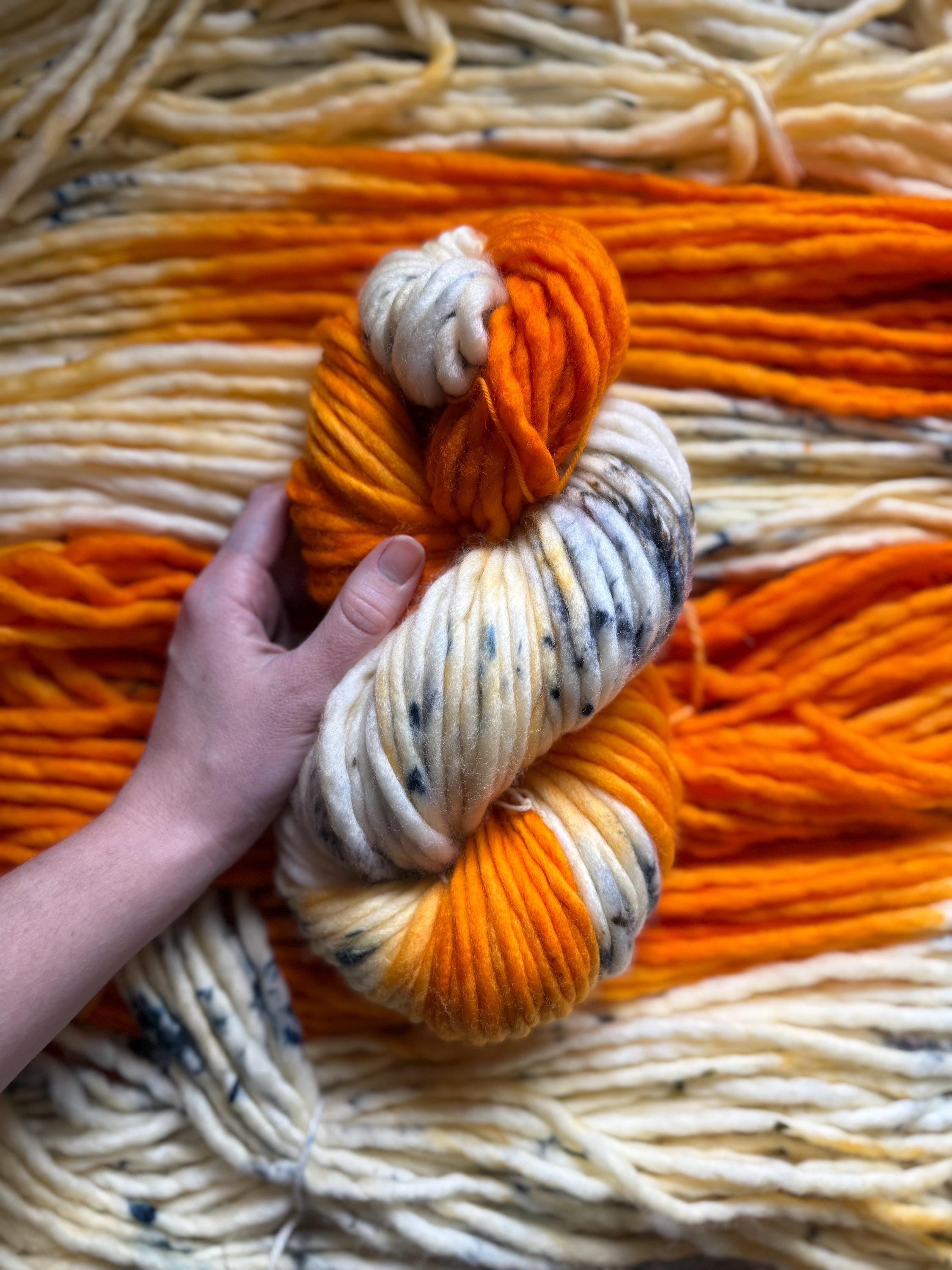 Electric ember hand dyed super bulky merino wool, size 6, 98 yards, natural, orange, speckled, solid, multicolor indie dye superwash