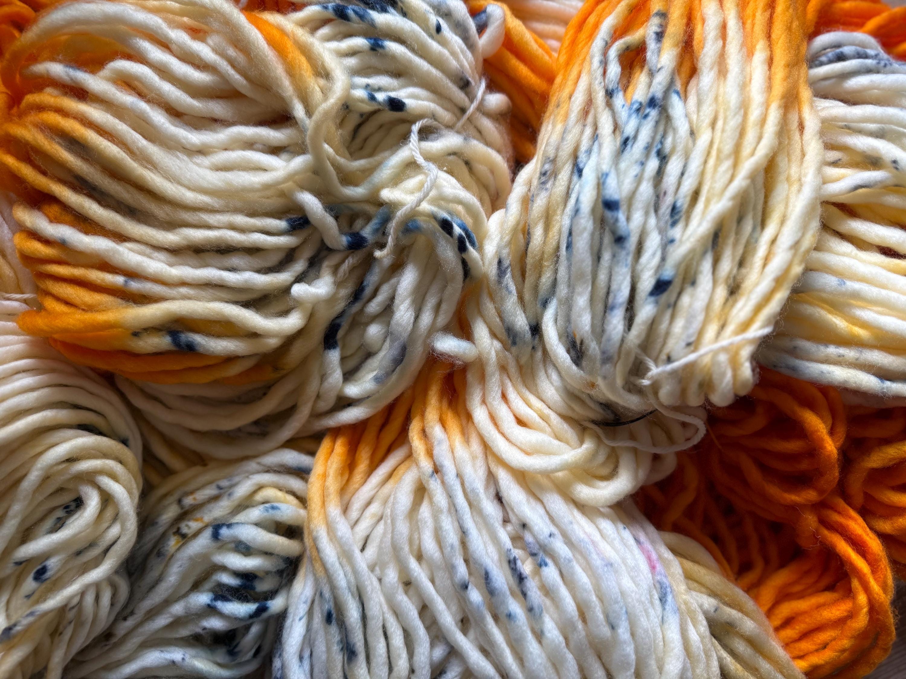 Electric ember hand dyed super bulky merino wool, size 6, 98 yards, natural, orange, speckled, solid, multicolor indie dye superwash