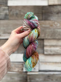 Peacock dyed (worsted/aran) merino wool, superwash yarn, teal purple gold, hank of yarn , for knit crochet