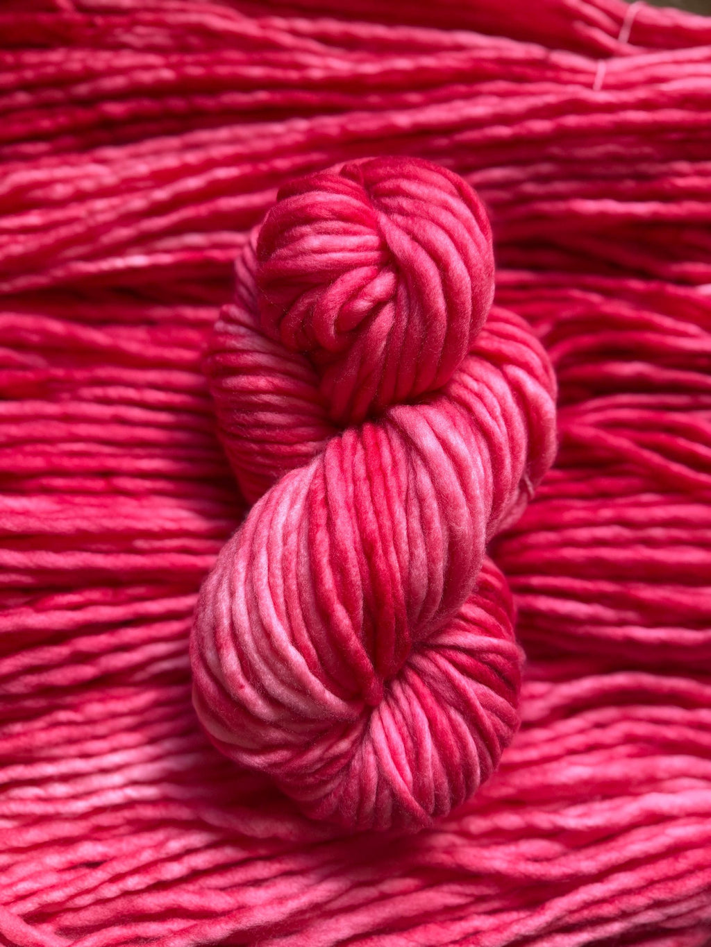 Draginfruit hand dyed super bulky merino wool, size 6, 98 yards, natural, semi solid, indie dye, superwash red pink