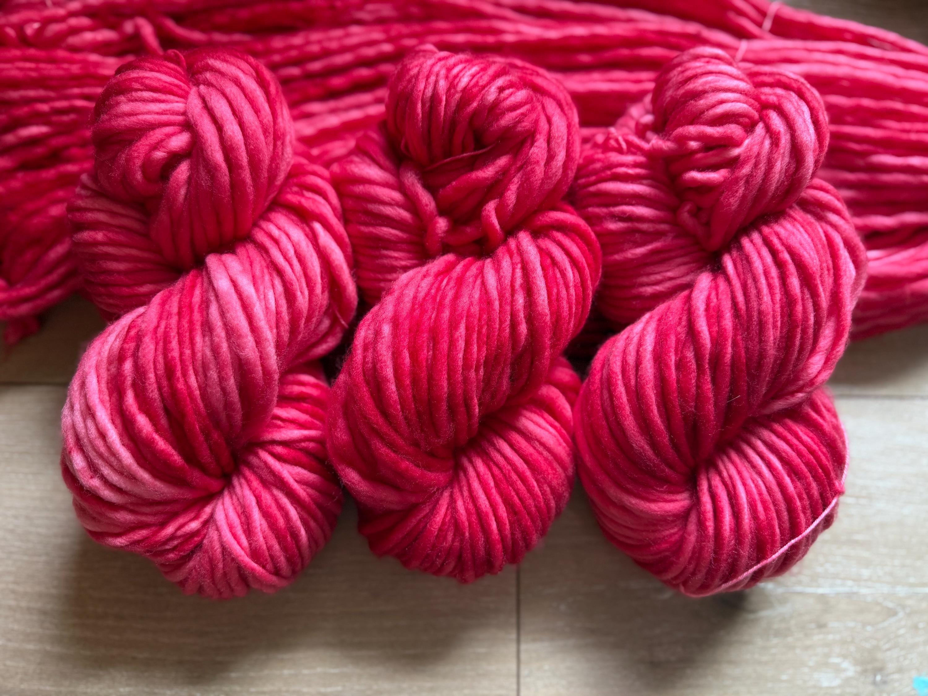 Draginfruit hand dyed super bulky merino wool, size 6, 98 yards, natural, semi solid, indie dye, superwash red pink