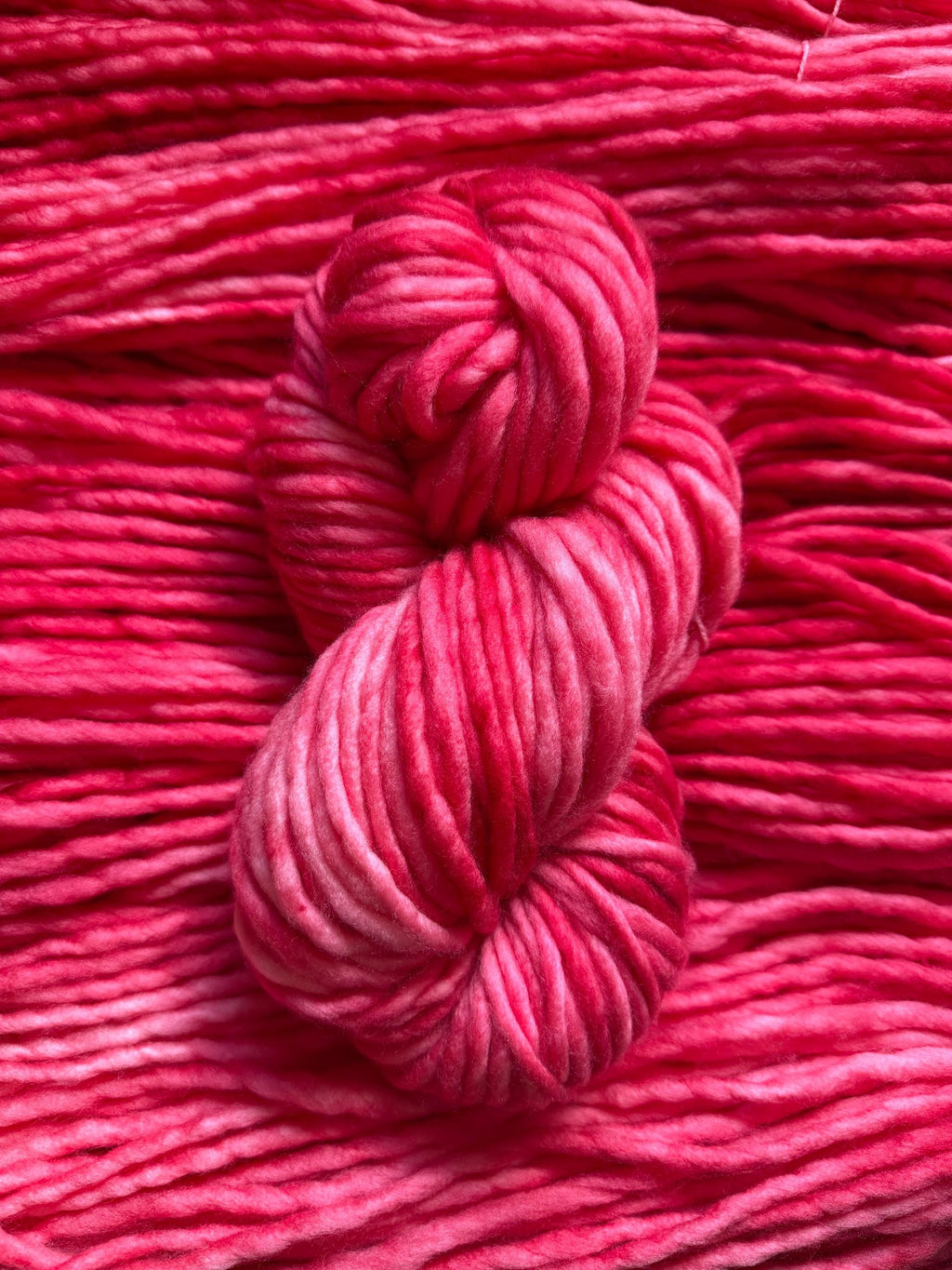 Draginfruit hand dyed super bulky merino wool, size 6, 98 yards, natural, semi solid, indie dye, superwash red pink