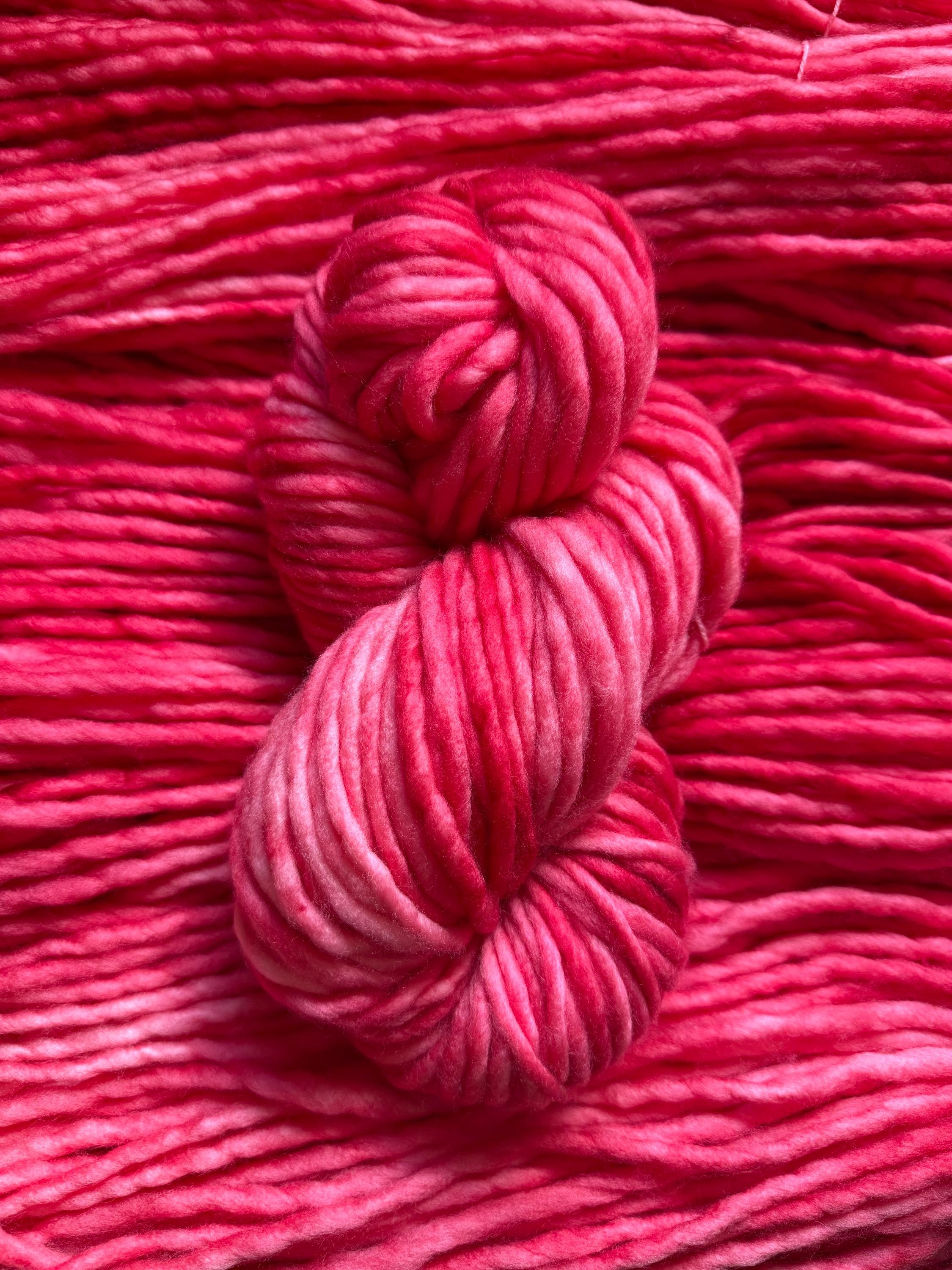 Draginfruit hand dyed super bulky merino wool, size 6, 98 yards, natural, semi solid, indie dye, superwash red pink