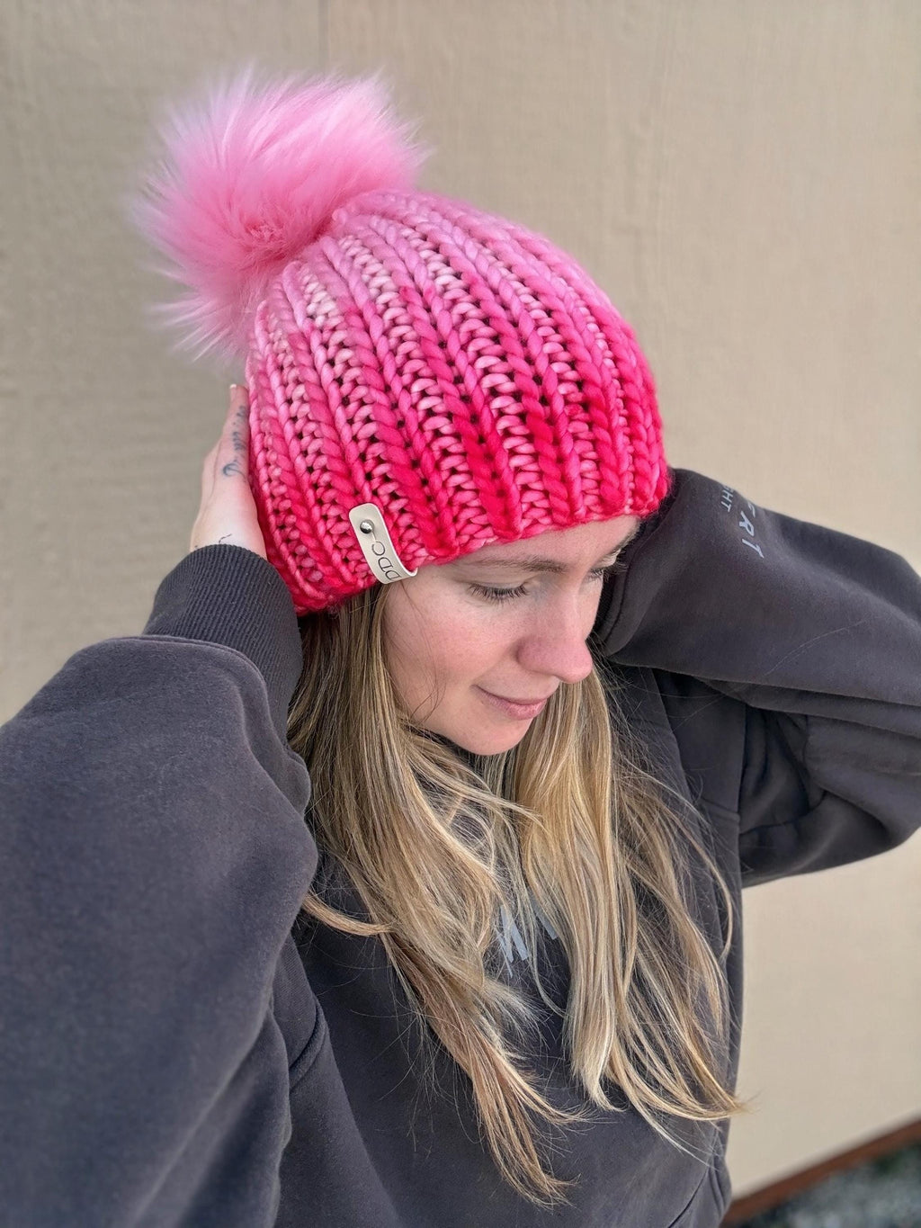 Pink knit luxury beanie, adult beanie, hat, winter toque, merino wool, adult medium, for her, handmade, gift light to dark
