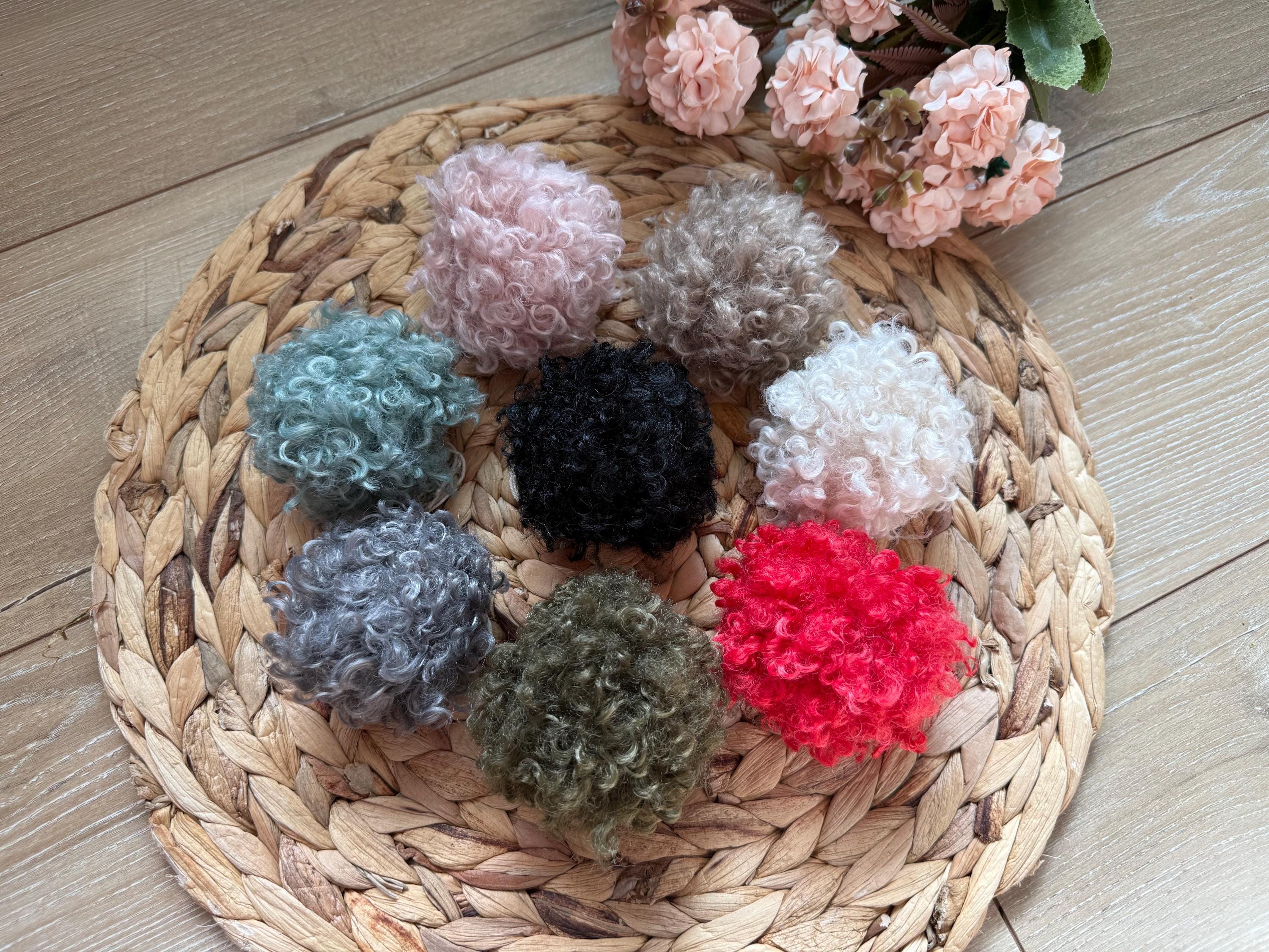 Crinkle faux fur Pom Pom, soft, holiday, small, fluffy, pre made, tie on, cotton string, for beanies, scarves 4 inch