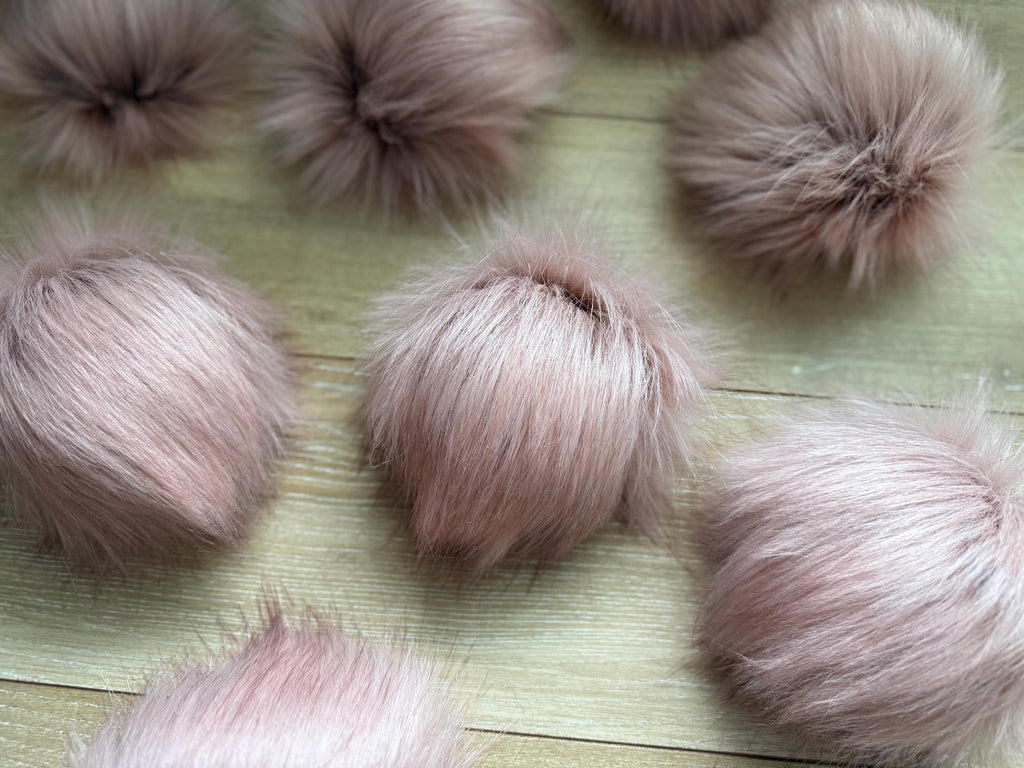 Pink quartz luxe faux fur Pom Poms, dusty pink, darker tips, beanies, scarves, crochet, knit, knitting, crocheting, high quality, luxury