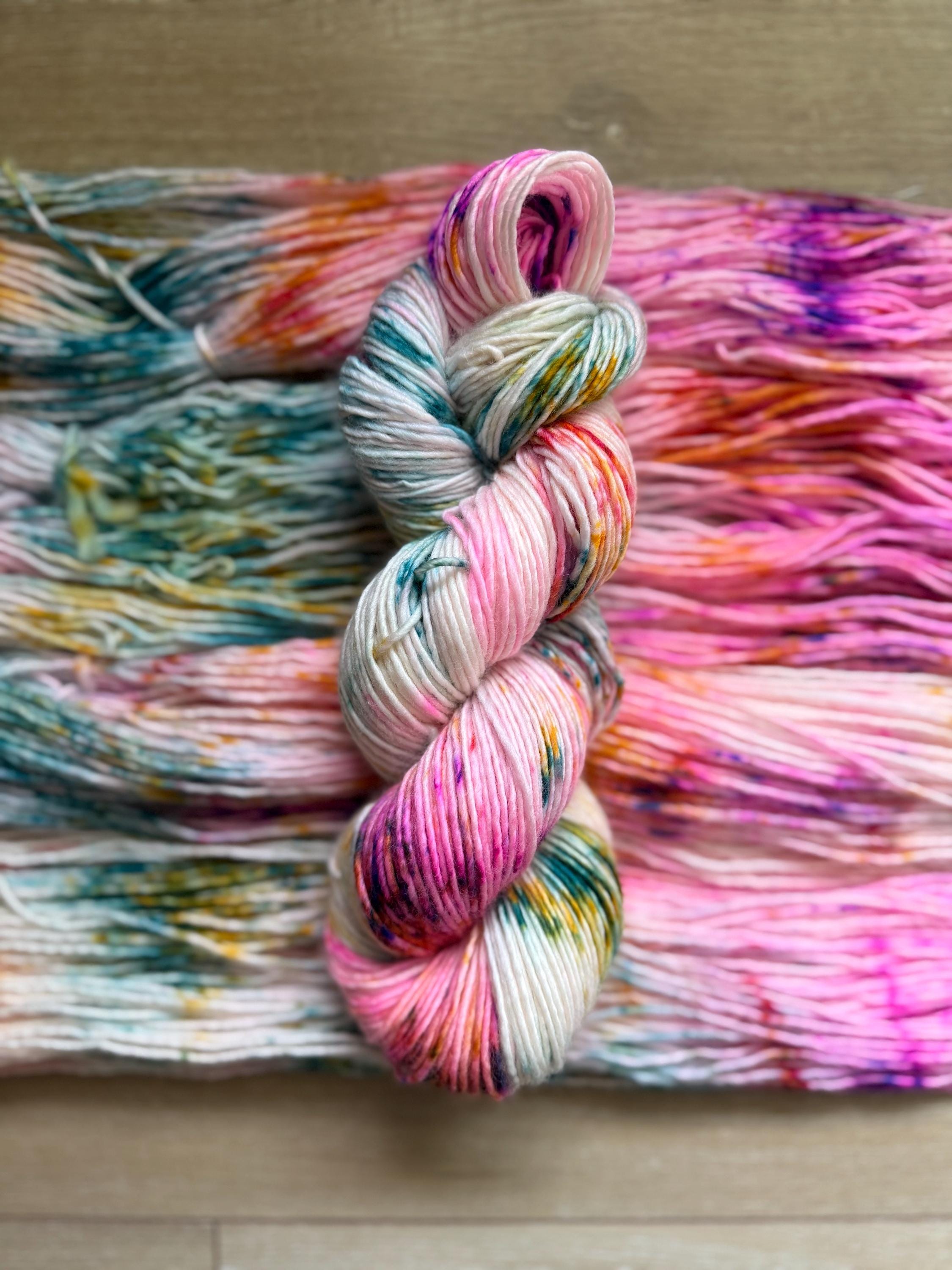 May flowers hand dyed (worsted/aran) merino wool, superwash yarn, purple pink orange, hank of yarn , for knit crochet