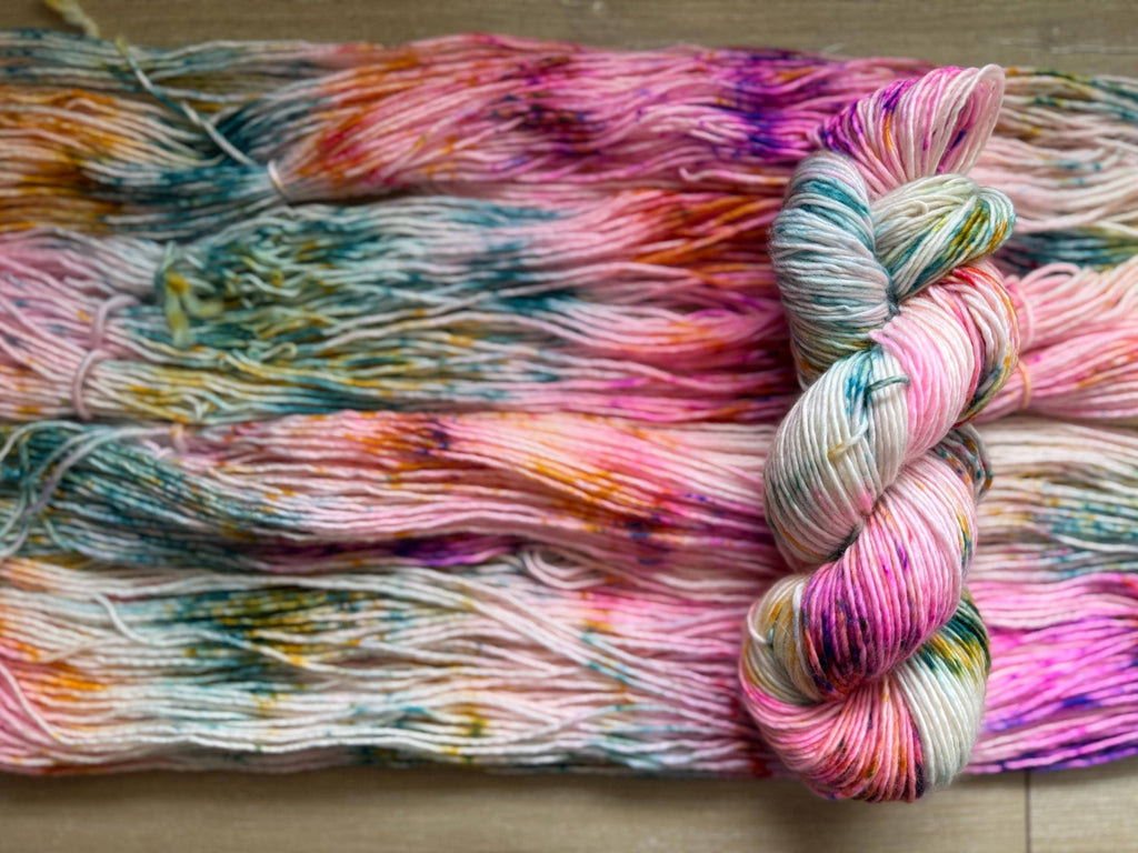 May flowers hand dyed (worsted/aran) merino wool, superwash yarn, purple pink orange, hank of yarn , for knit crochet