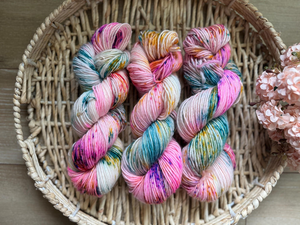 May flowers hand dyed (worsted/aran) merino wool, superwash yarn, purple pink orange, hank of yarn , for knit crochet