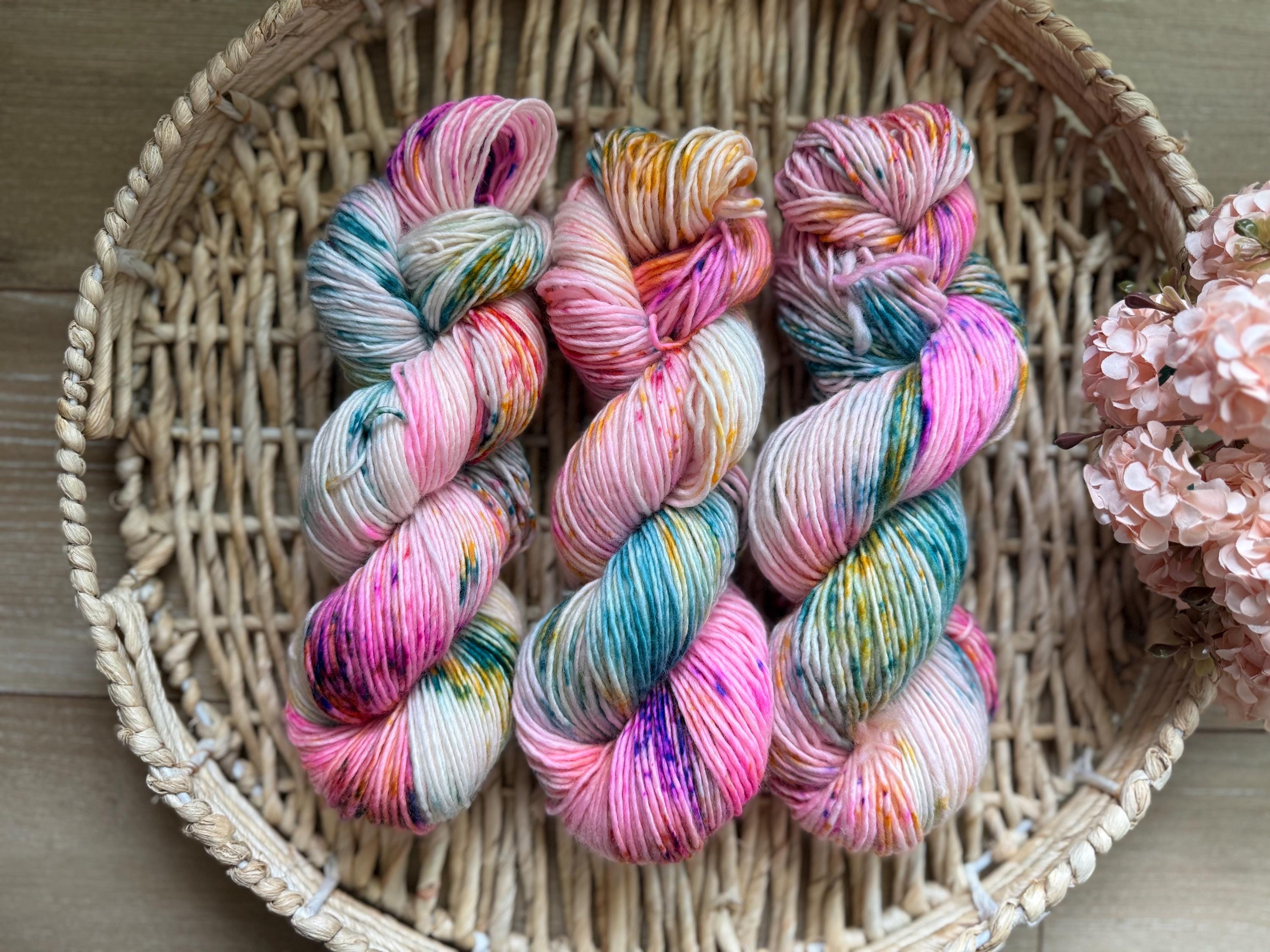 May flowers hand dyed (worsted/aran) merino wool, superwash yarn, purple pink orange, hank of yarn , for knit crochet