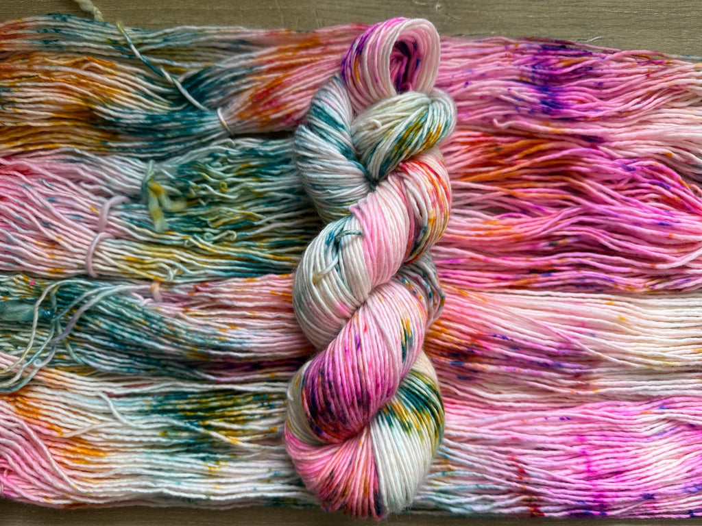 May flowers hand dyed (worsted/aran) merino wool, superwash yarn, purple pink orange, hank of yarn , for knit crochet