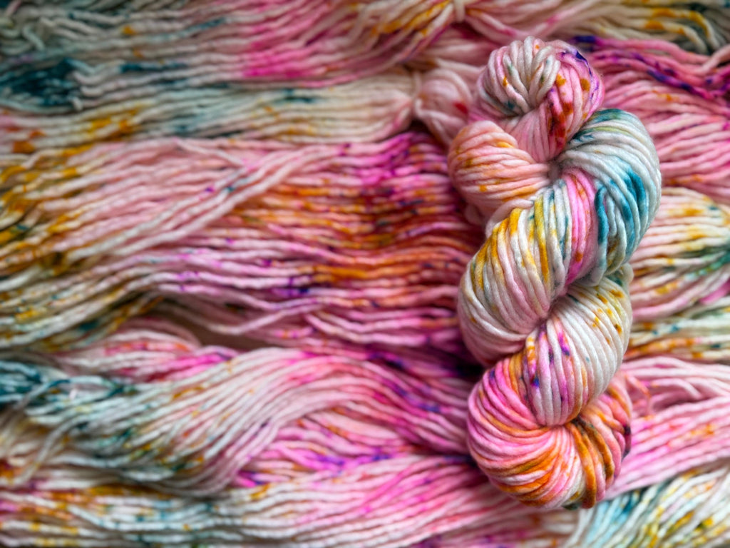 May flowers light bulky hand dyed bulky merino wool, 109 yard, 5 weight, semi solid, multicolor, indie dye, superwash