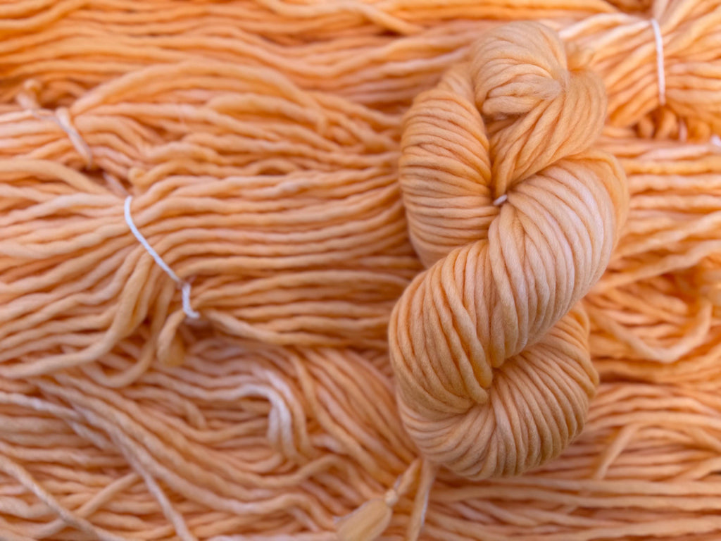 Apricot cream hand dyed super bulky merino wool, size 6, 98 yards, semi solid, indie dye, superwash