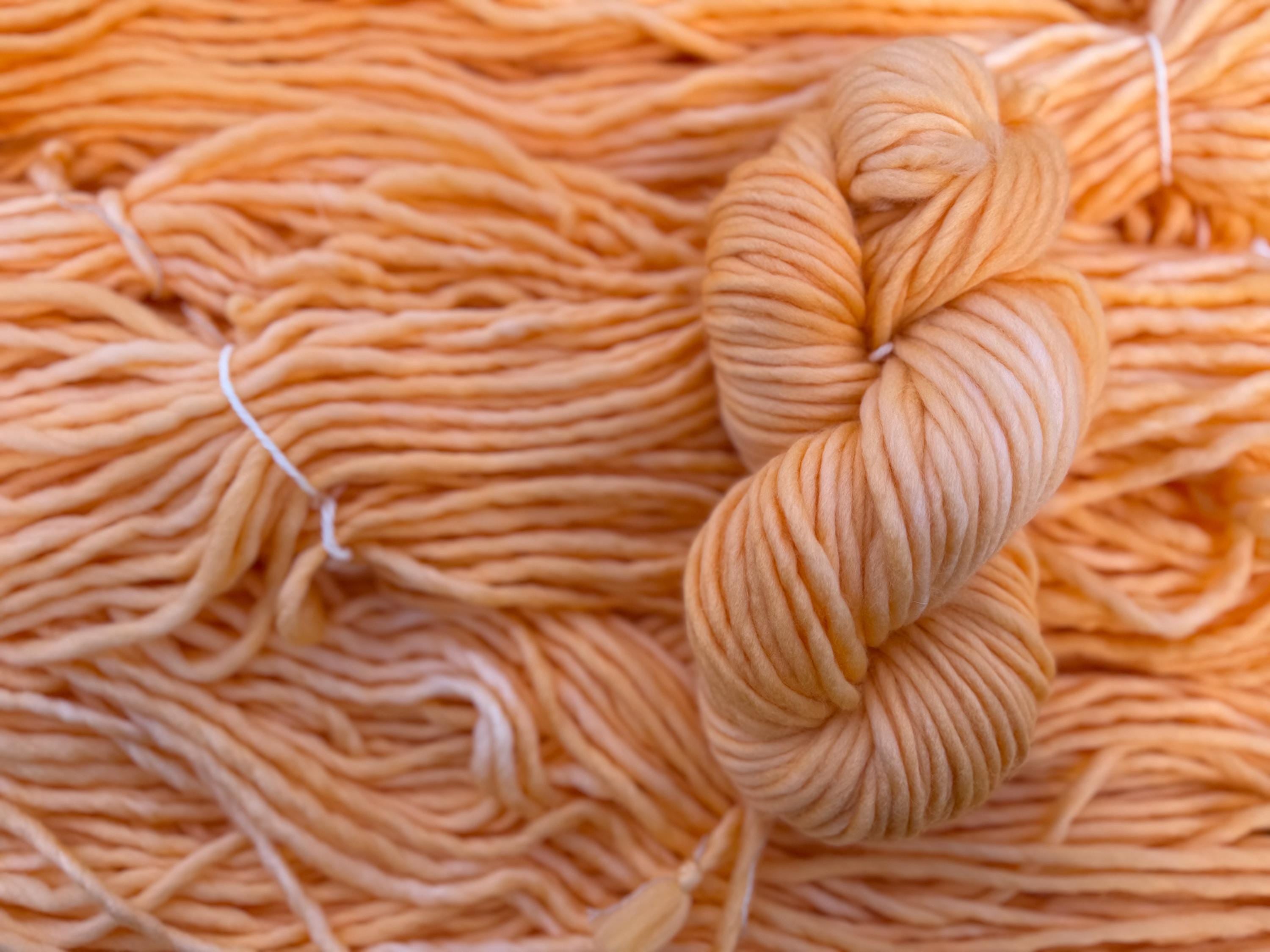 Apricot cream hand dyed super bulky merino wool, size 6, 98 yards, semi solid, indie dye, superwash