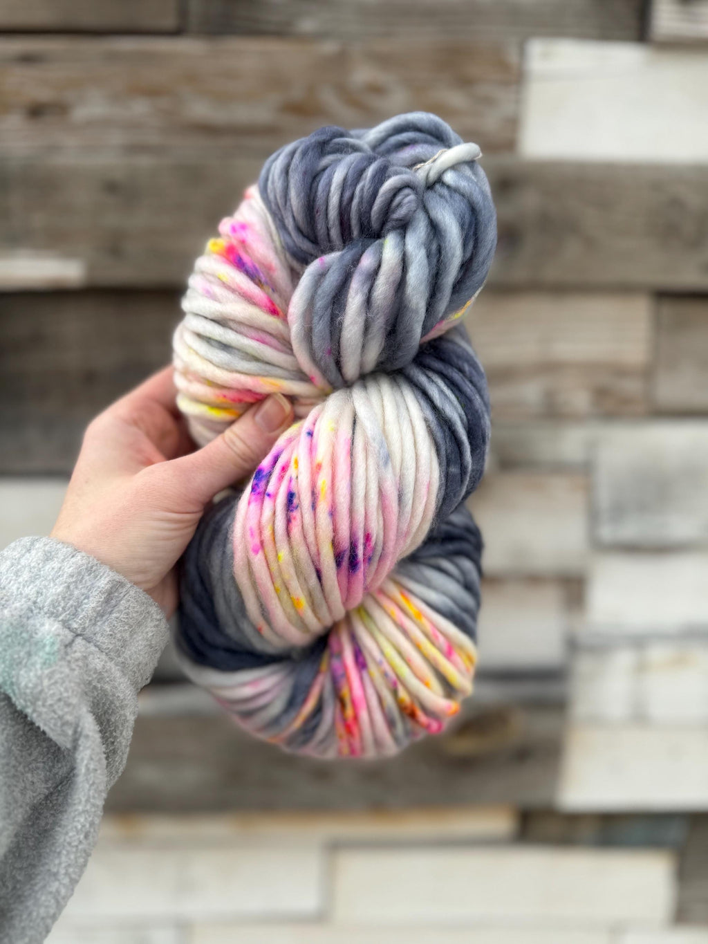 Neon smoke and dyed super bulky merino wool, size 6 pink yellow grey purple speckled, solid, multicolor, indie dye, superwash