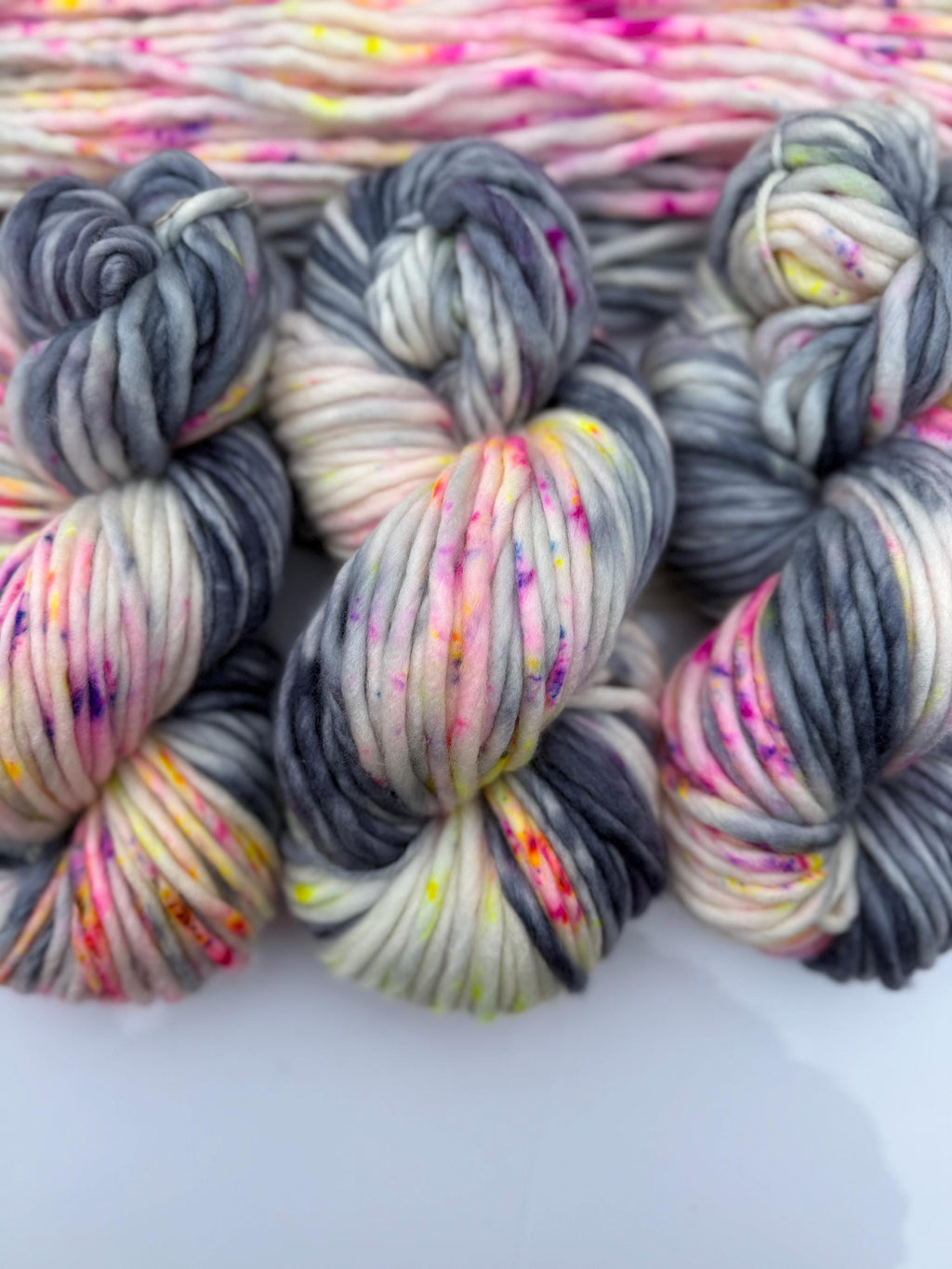 Neon smoke and dyed super bulky merino wool, size 6 pink yellow grey purple speckled, solid, multicolor, indie dye, superwash