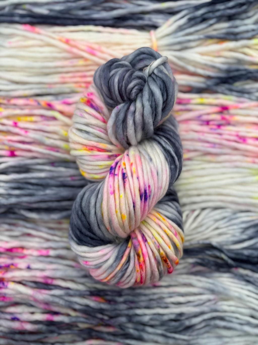 Neon smoke and dyed super bulky merino wool, size 6 pink yellow grey purple speckled, solid, multicolor, indie dye, superwash