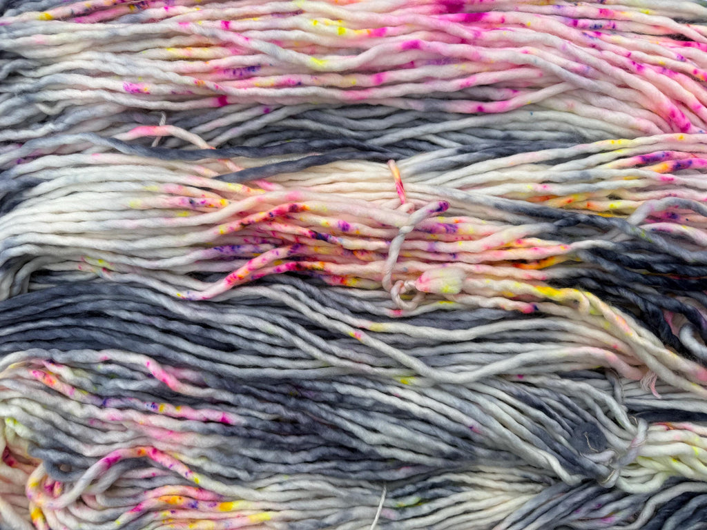 Neon smoke and dyed super bulky merino wool, size 6 pink yellow grey purple speckled, solid, multicolor, indie dye, superwash