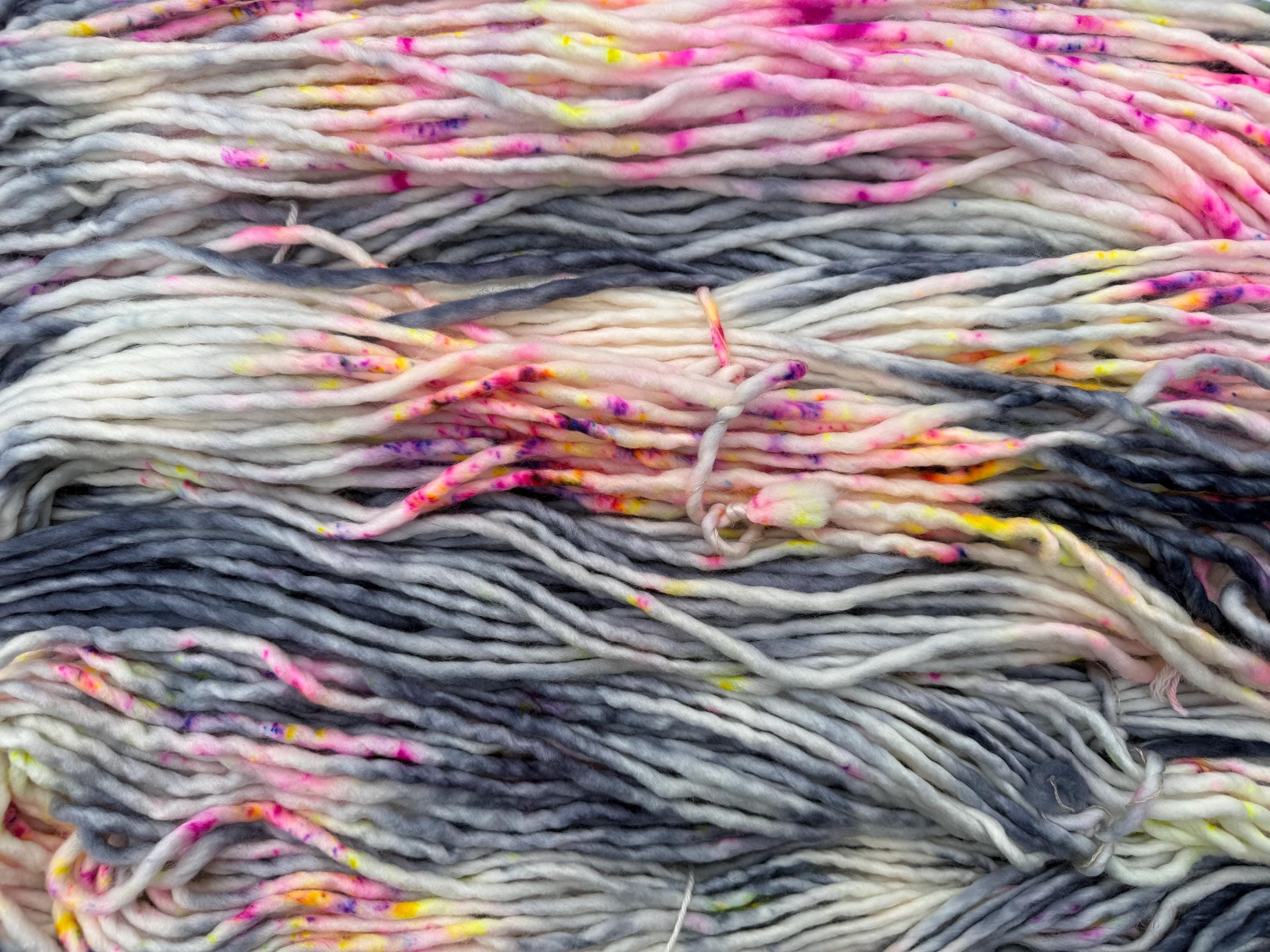 Neon smoke and dyed super bulky merino wool, size 6 pink yellow grey purple speckled, solid, multicolor, indie dye, superwash