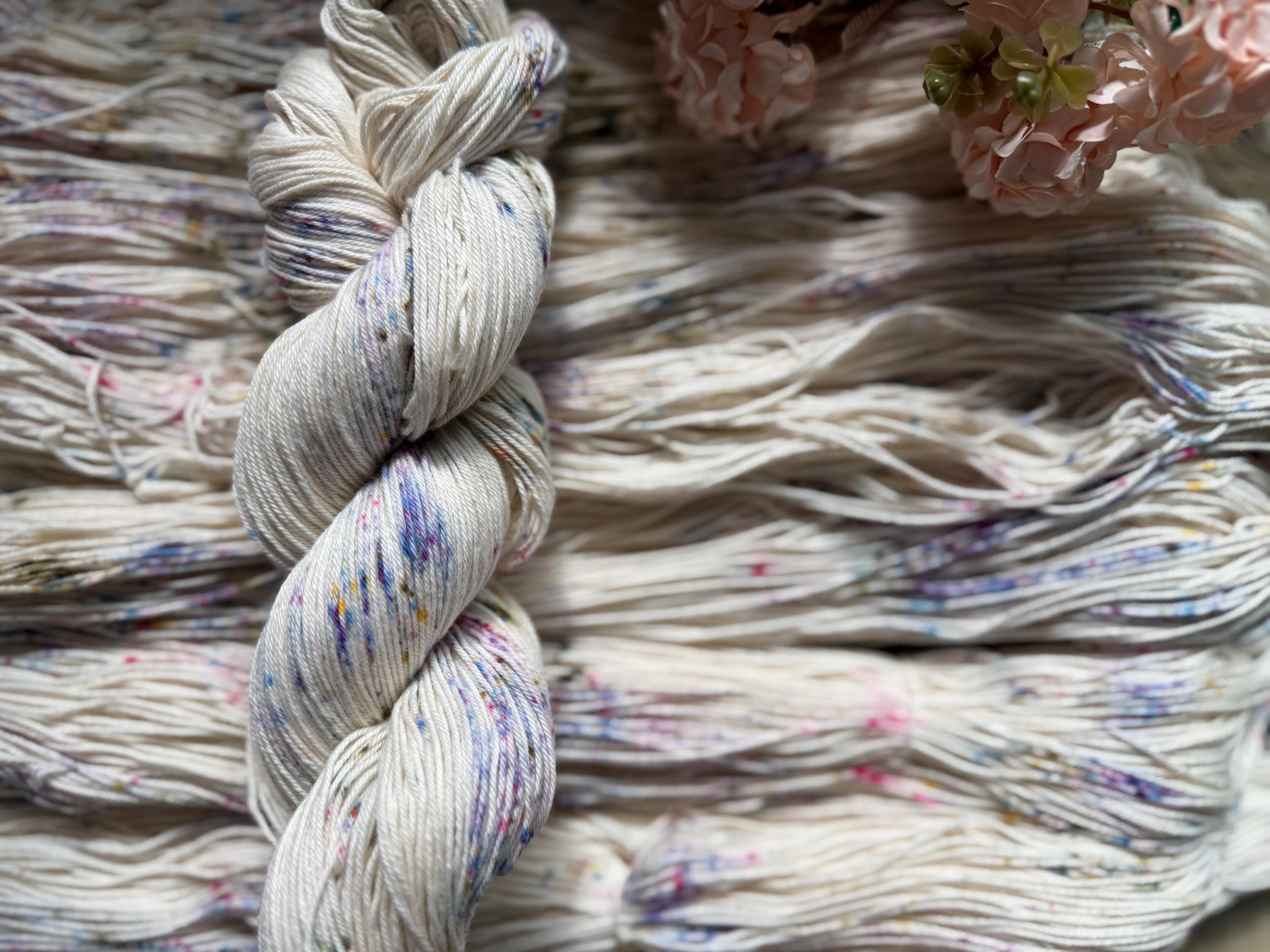 Wildflower dust hand dyed Sock/Fingering cotton yarn, hank of yarn , for knit, crochet, speckled