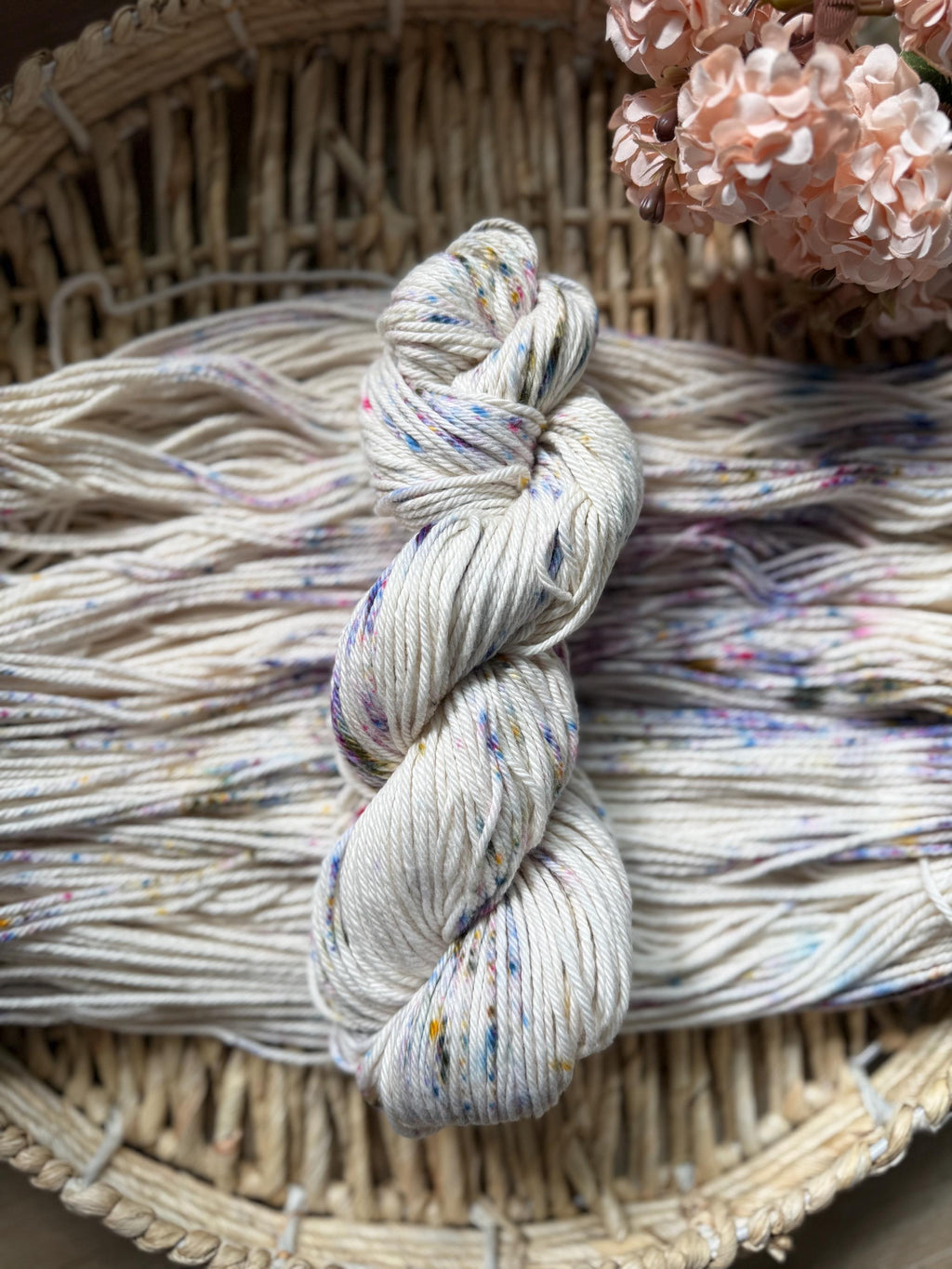 Wildflower dust hand dyed worsted cotton yarn, hank of yarn , for knit, crochet, speckled