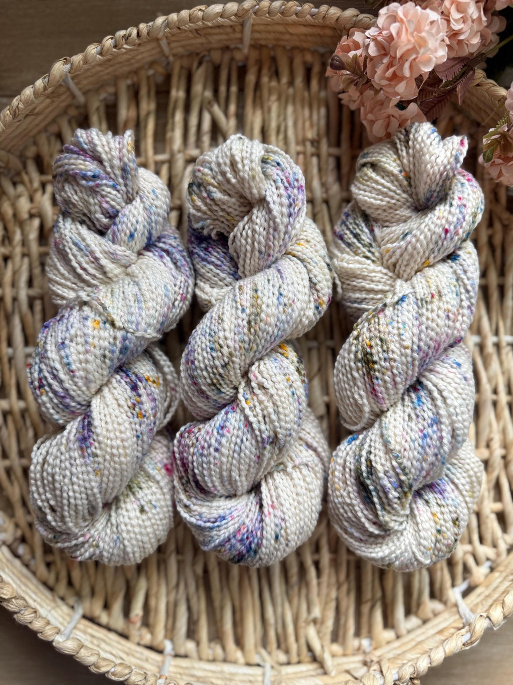 Wildflower dust hand dyed worsted boucle cotton yarn, hank of yarn , for knit, crochet, speckled